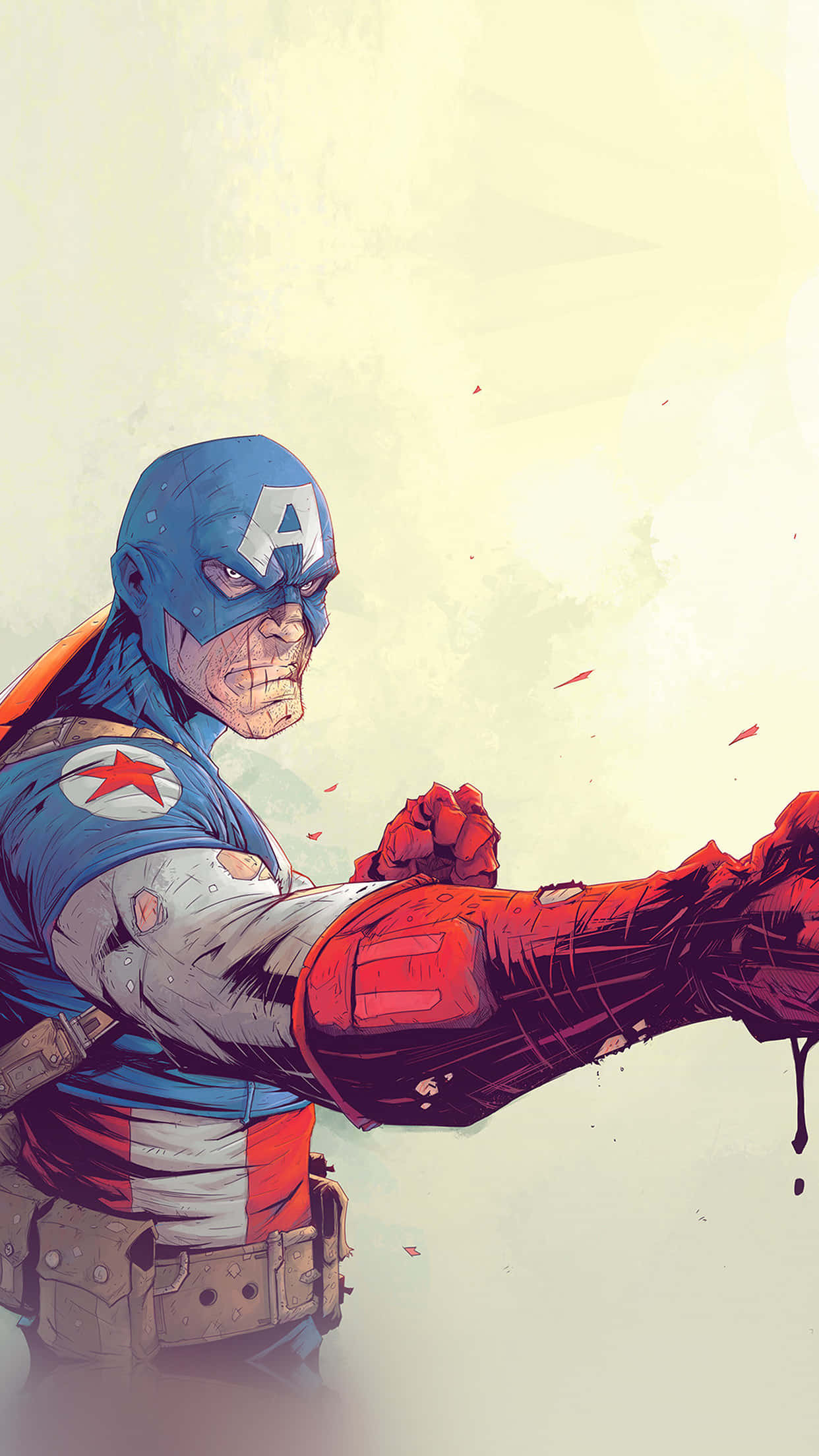Android Captain America 桌布 壁紙 — 美國隊長打出強力一拳，鮮血飛濺在淡黃色背景上。