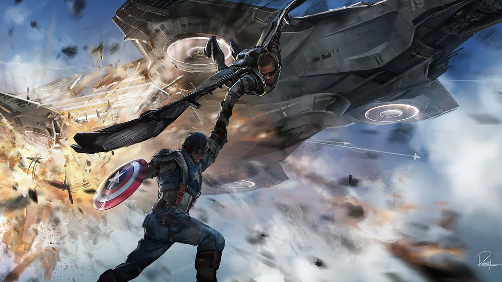 Captain America Movie 桌布 壁紙 — 美國隊長抓住墜落的黑寡婦，身後一艘巨大的太空船在激烈的戰鬥中爆炸。