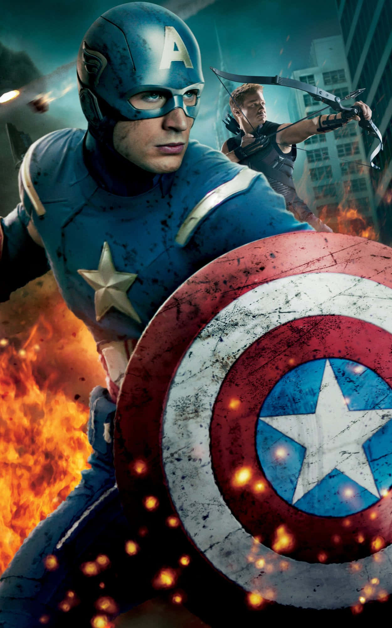 Avengers Movie 桌布 壁紙 — 美國隊長持盾衝鋒，鷹眼在烈焰都市的混亂中瞄準弓箭。
