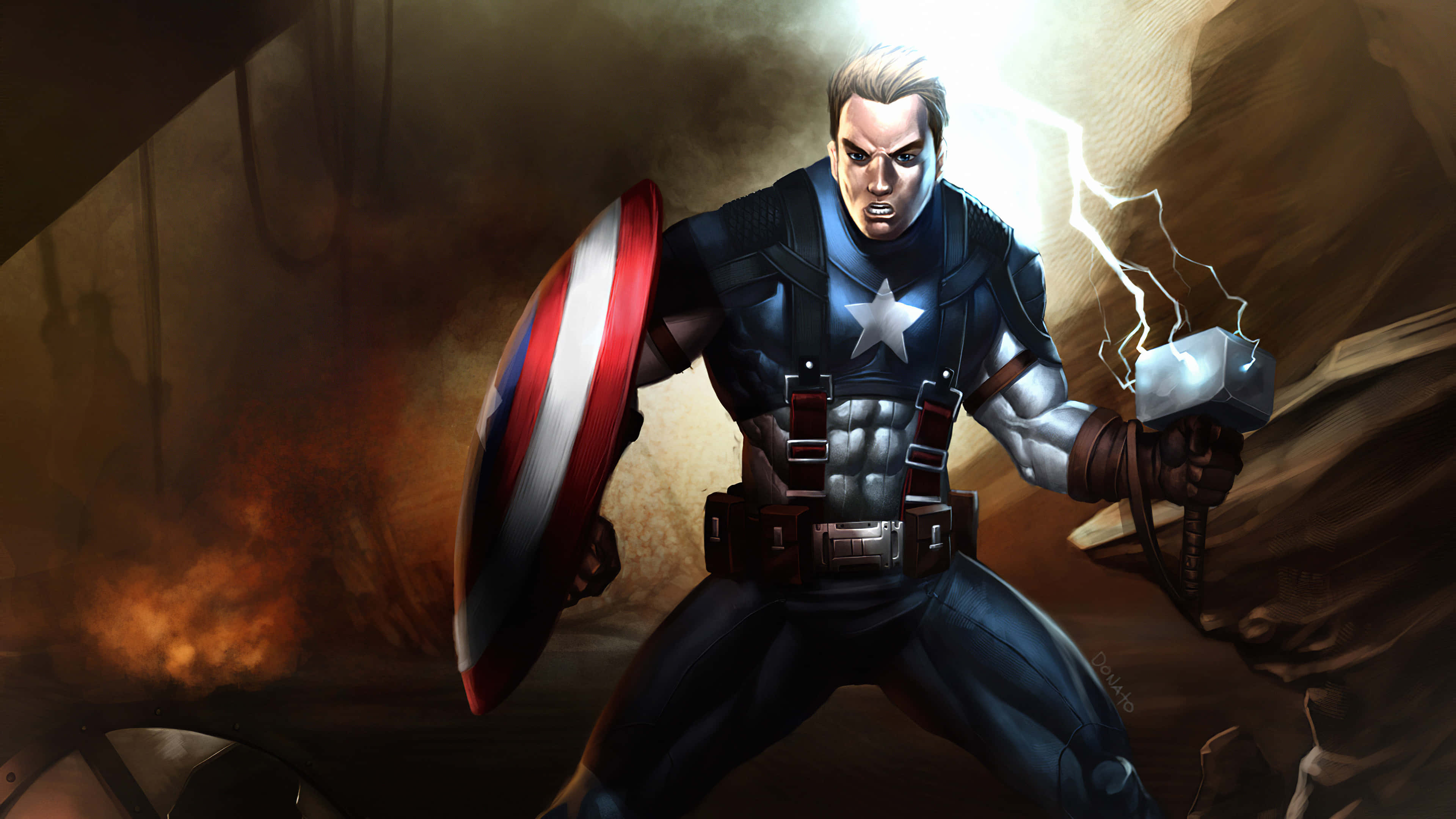 Captain America Desktop 桌布 壁紙 — 美國隊長挑釁地揮舞著雷神之鎚和盾牌，站在烈火混亂中，閃電在他周圍噼啪作響。