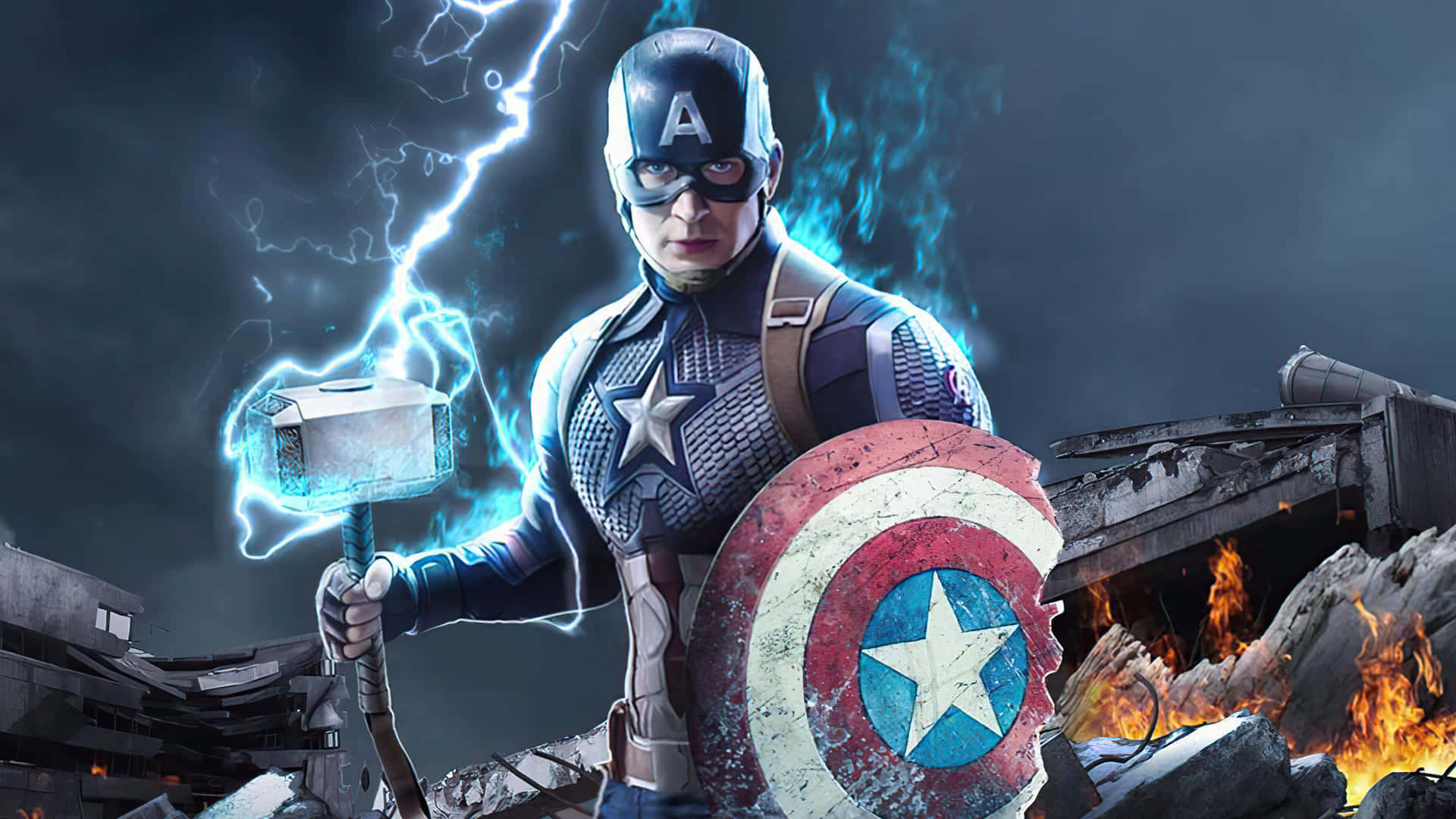Captain America Desktop 桌布 壁紙 — 美國隊長挑釁地站在瓦礫中，手持雷神之鎚（閃電劈啪作響）和盾牌，身後火焰肆虐。