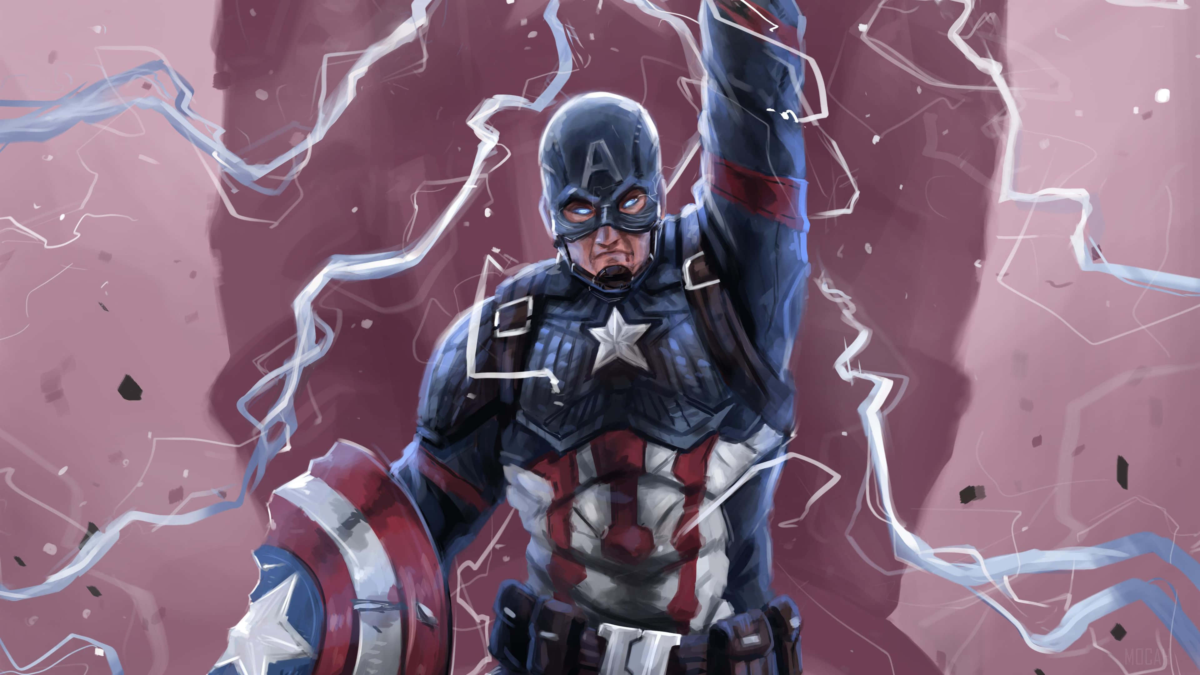 Captain America Desktop 桌布 壁紙 — 美國隊長挑釁地站著，舉起盾牌，閃電在他周圍劈啪作響，背景是破碎的粉紅色。