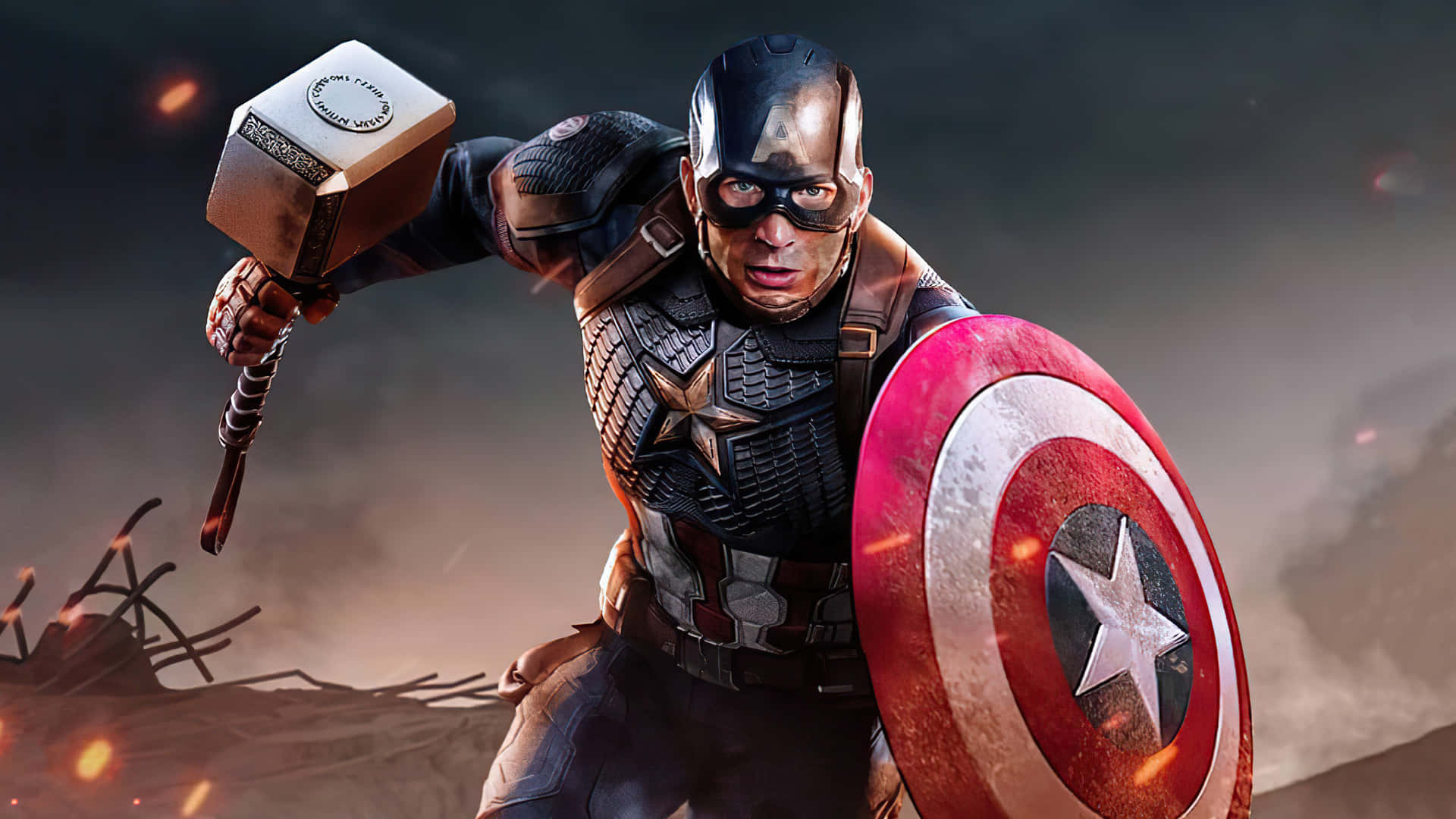 HD Captain America 桌布 壁紙 — 美國隊長揮舞著雷神之鎚和他標誌性的盾牌，在一個火花四濺的激烈戰鬥場景中。