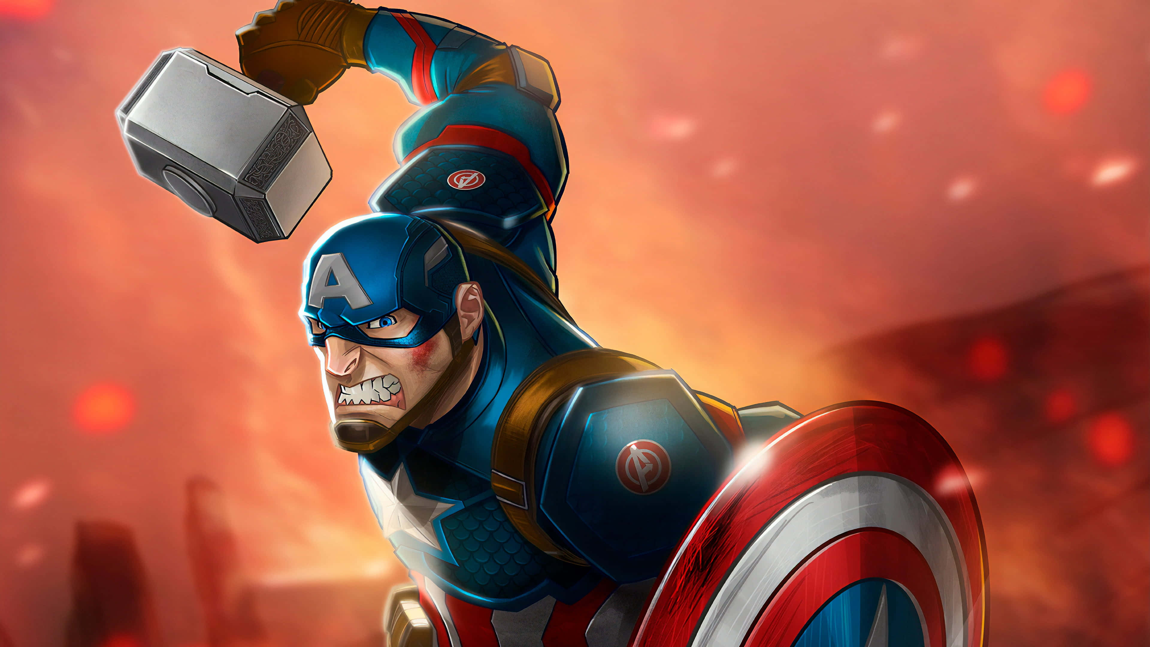 Retro Captain America 桌布 壁紙 — 美國隊長揮舞著雷神之鎚和盾牌，在熾熱的戰鬥場景中表情強烈。