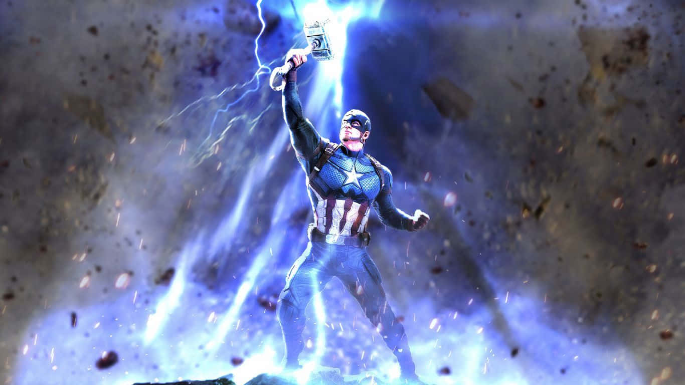 美國隊長 桌布 壁紙 — 美國隊長揮舞著雷神之鎚妙爾尼爾，閃電在他周圍劈啪作響，構成一個動態的戰鬥場景。