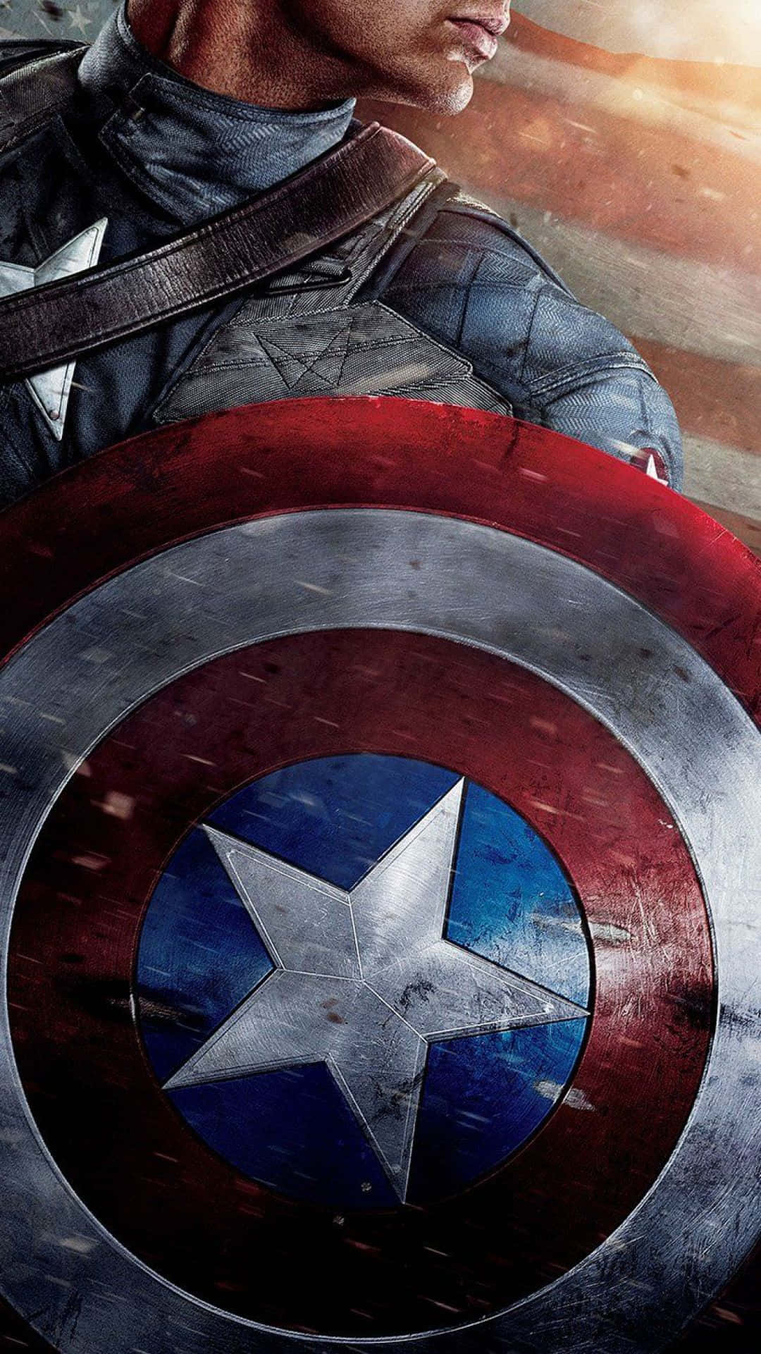 HD Captain America 桌布 壁紙 — 美國隊長標誌性盾牌和裝甲肩膀的特寫，帶有動態模糊和溫暖光線條紋。