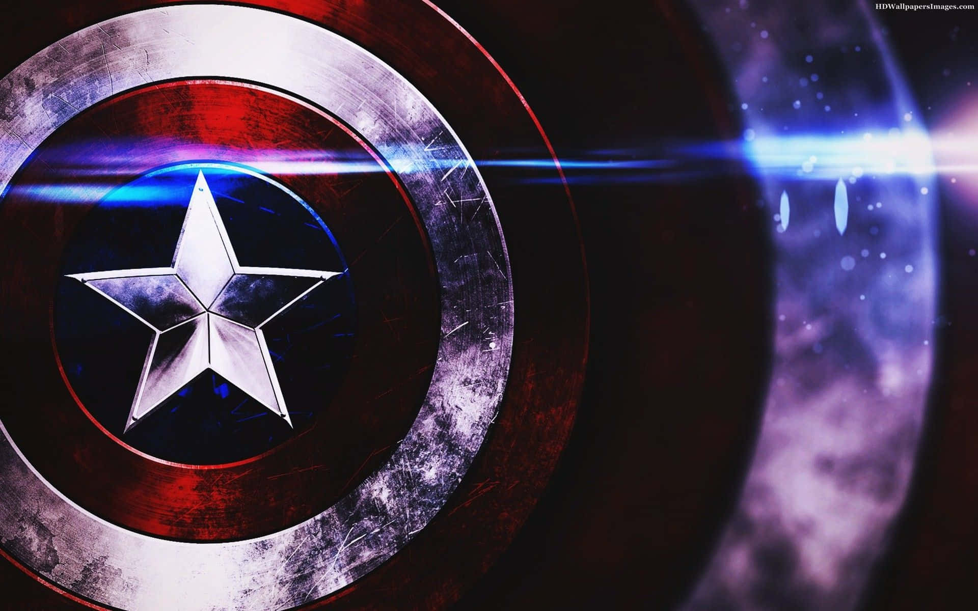Captain America Logo 桌布 壁紙 — 美國隊長標誌性盾牌的特寫，在宇宙背景下帶有發光的藍色鏡頭光暈。