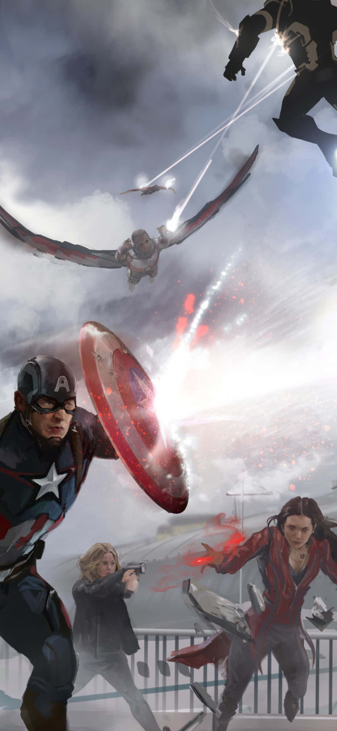 Captain America Movie 桌布 壁紙 — 美國隊長用盾牌抵擋能量爆炸，黑寡婦和獵鷹在多雲的城市天空中與敵人戰鬥。