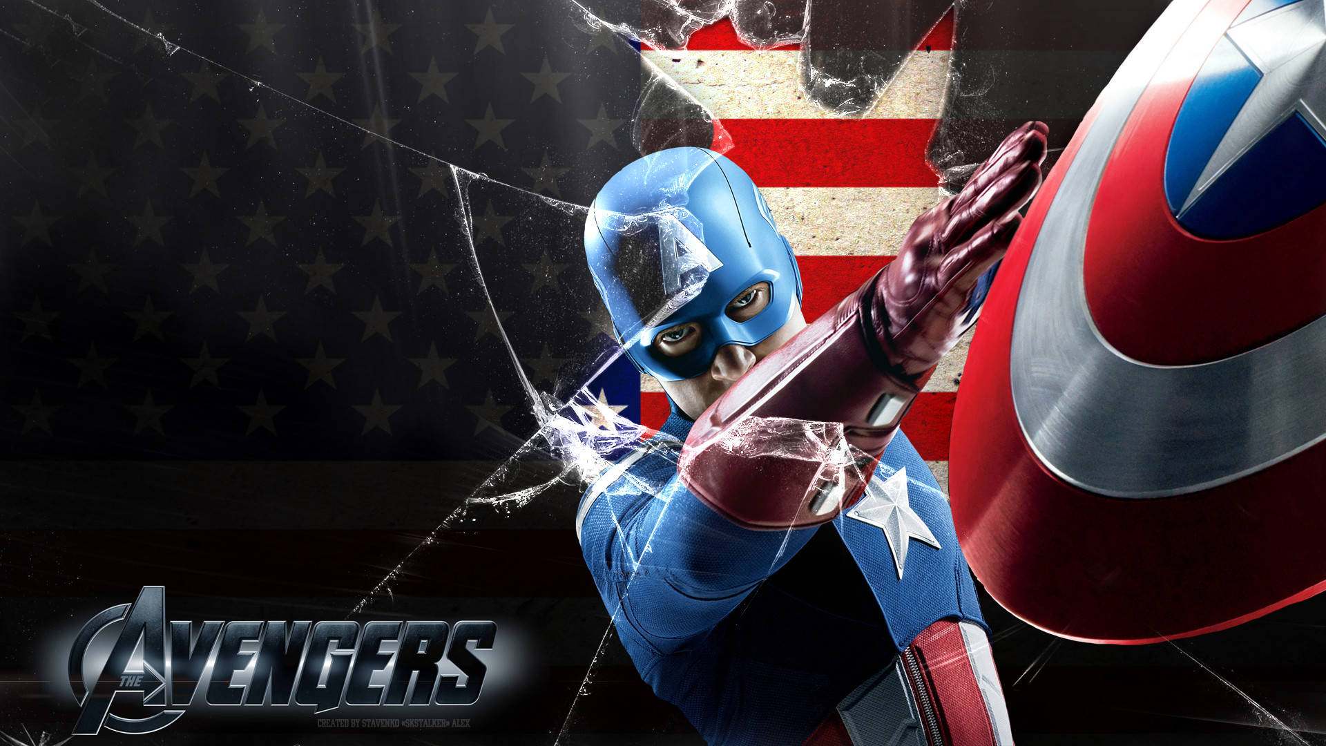 Captain America iPhone 桌布 壁紙 — 美國隊長用盾牌擊碎玻璃，背景是星條旗。