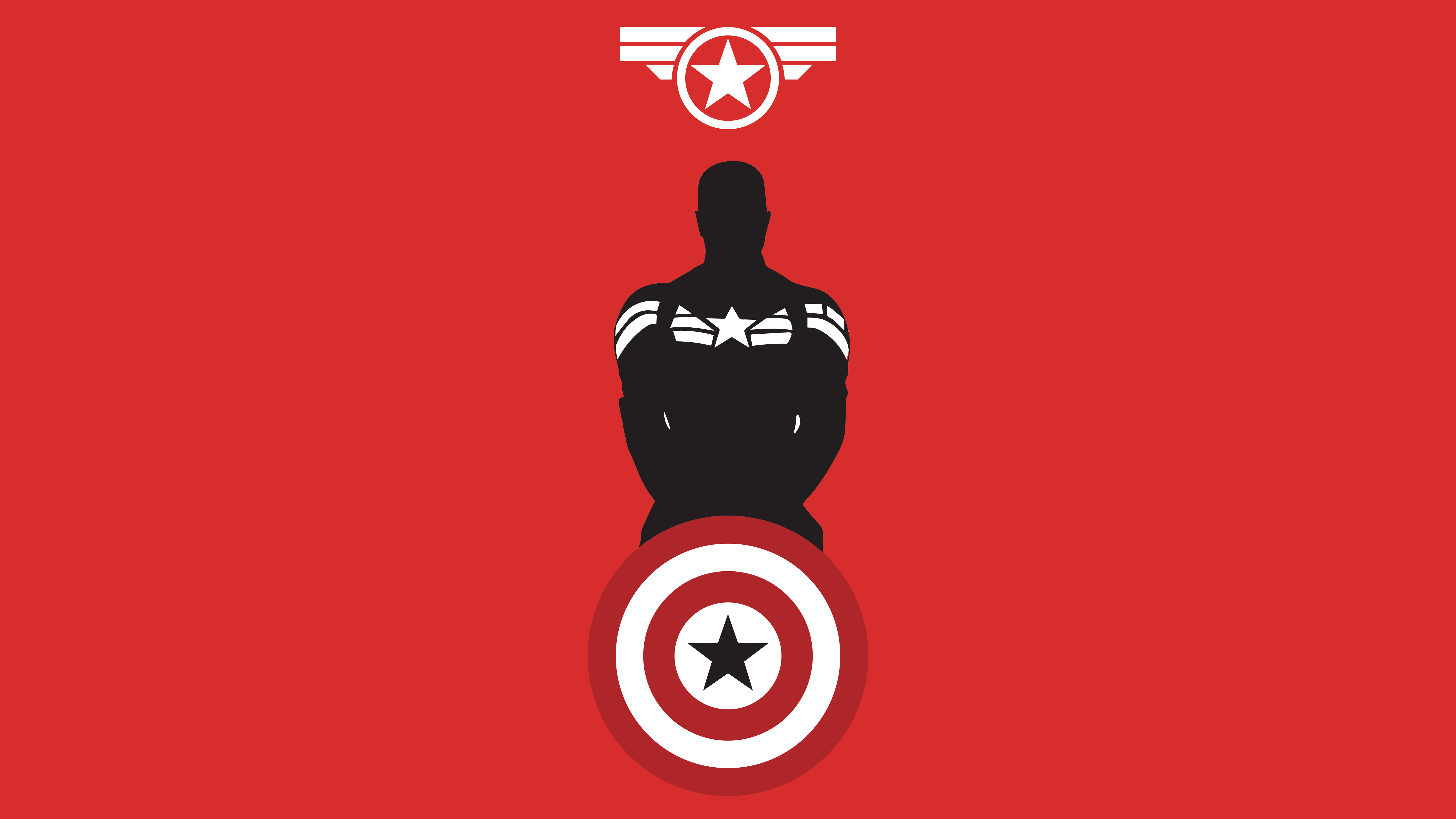 Captain America Desktop 桌布 壁紙 — 美國隊長的剪影站在他的盾牌上，背景為大膽的紅色，上方有他的帶翼星星標誌。