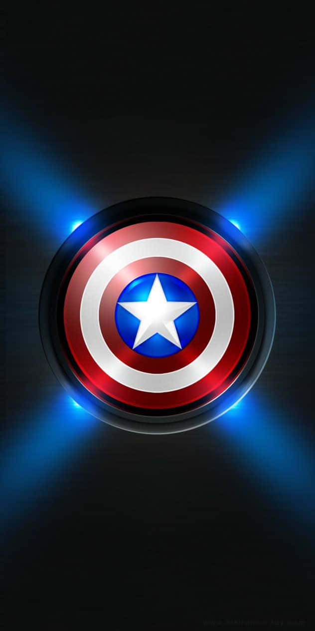 Captain America Android 桌布 壁紙 — 美國隊長的標誌性盾牌在黑暗背景上發出藍光。