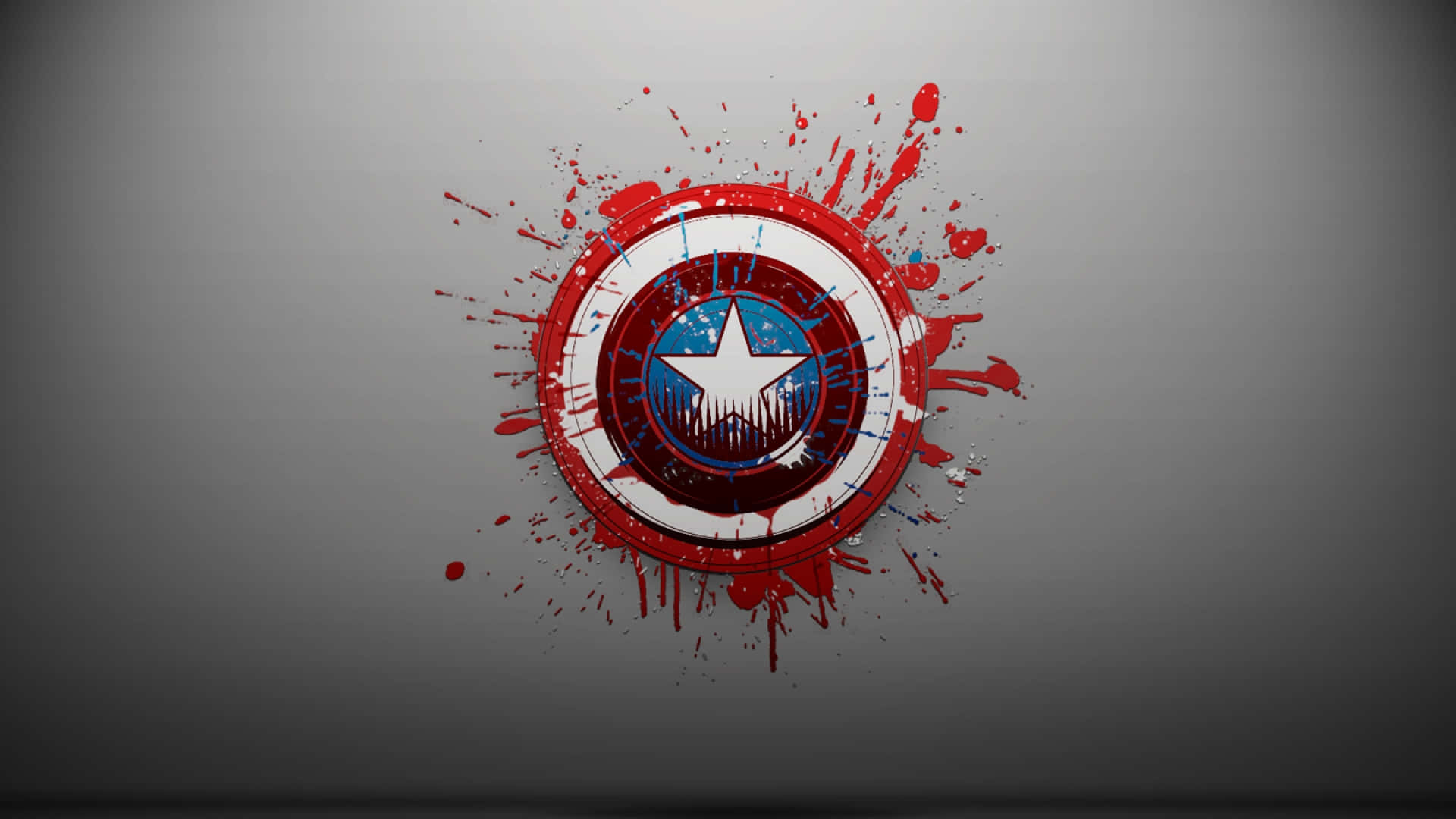 Captain America Desktop 桌布 壁紙 — 美國隊長的盾牌在灰色漸變背景上爆出紅色油漆飛濺。