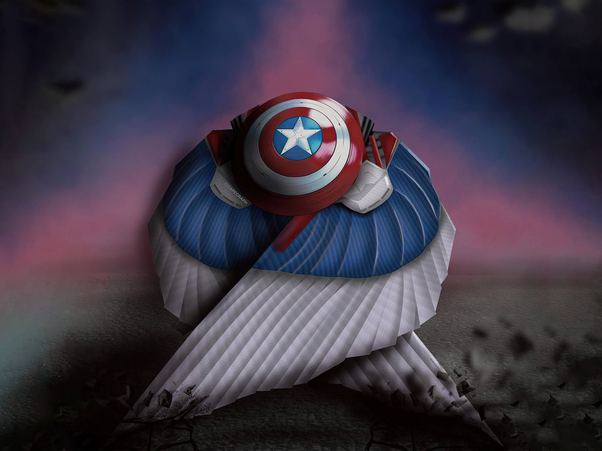 Best Captain America 桌布 壁紙 — 美國隊長的盾牌安放在一個風格化的藍白相間有翼人物之上，背景是戲劇性的暮色天空。