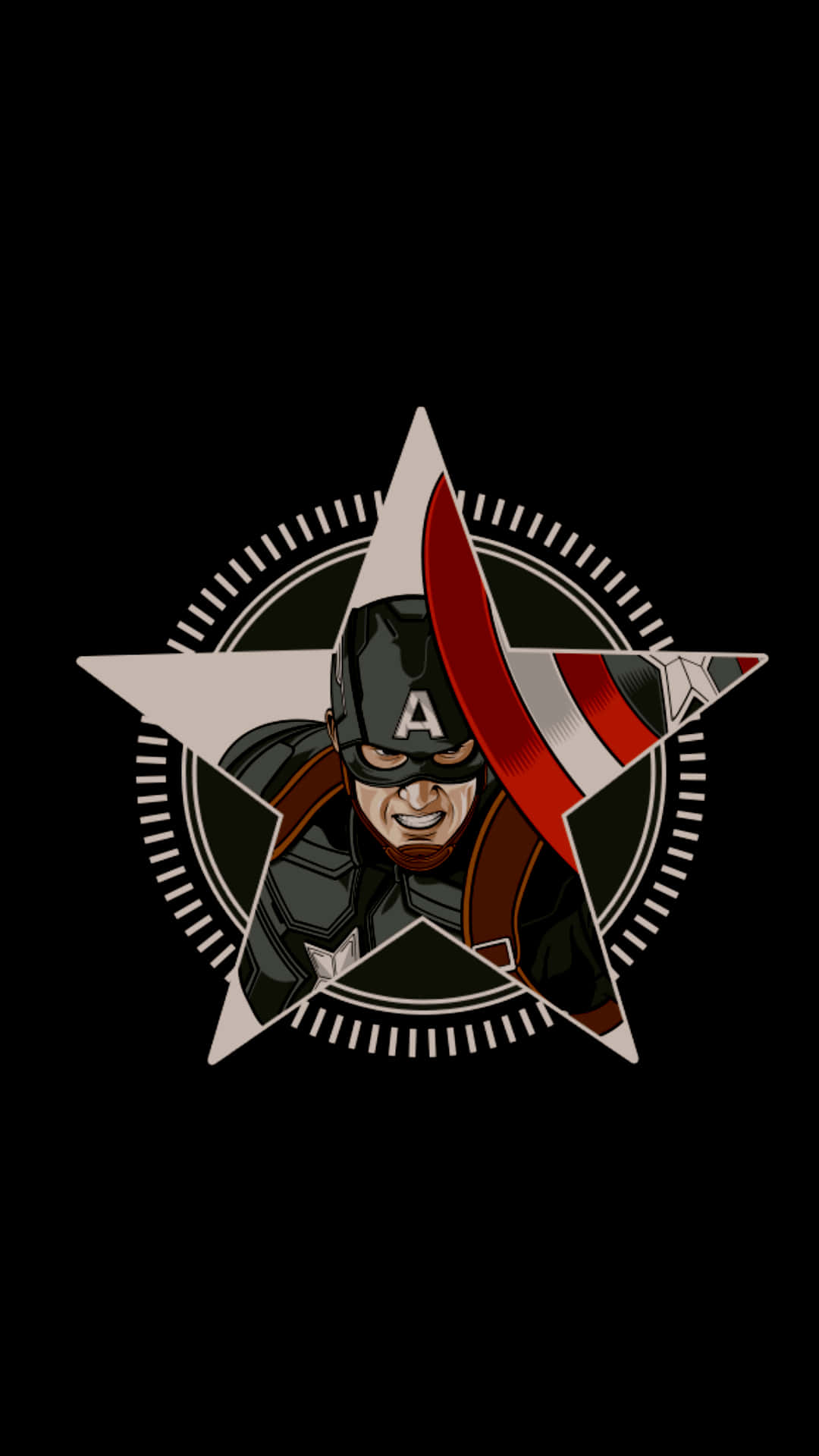 Captain America Logo 桌布 壁紙 — 美國隊長的臉從星形標誌中浮現，背景為黑色，帶有醒目的紅、白、灰點綴。
