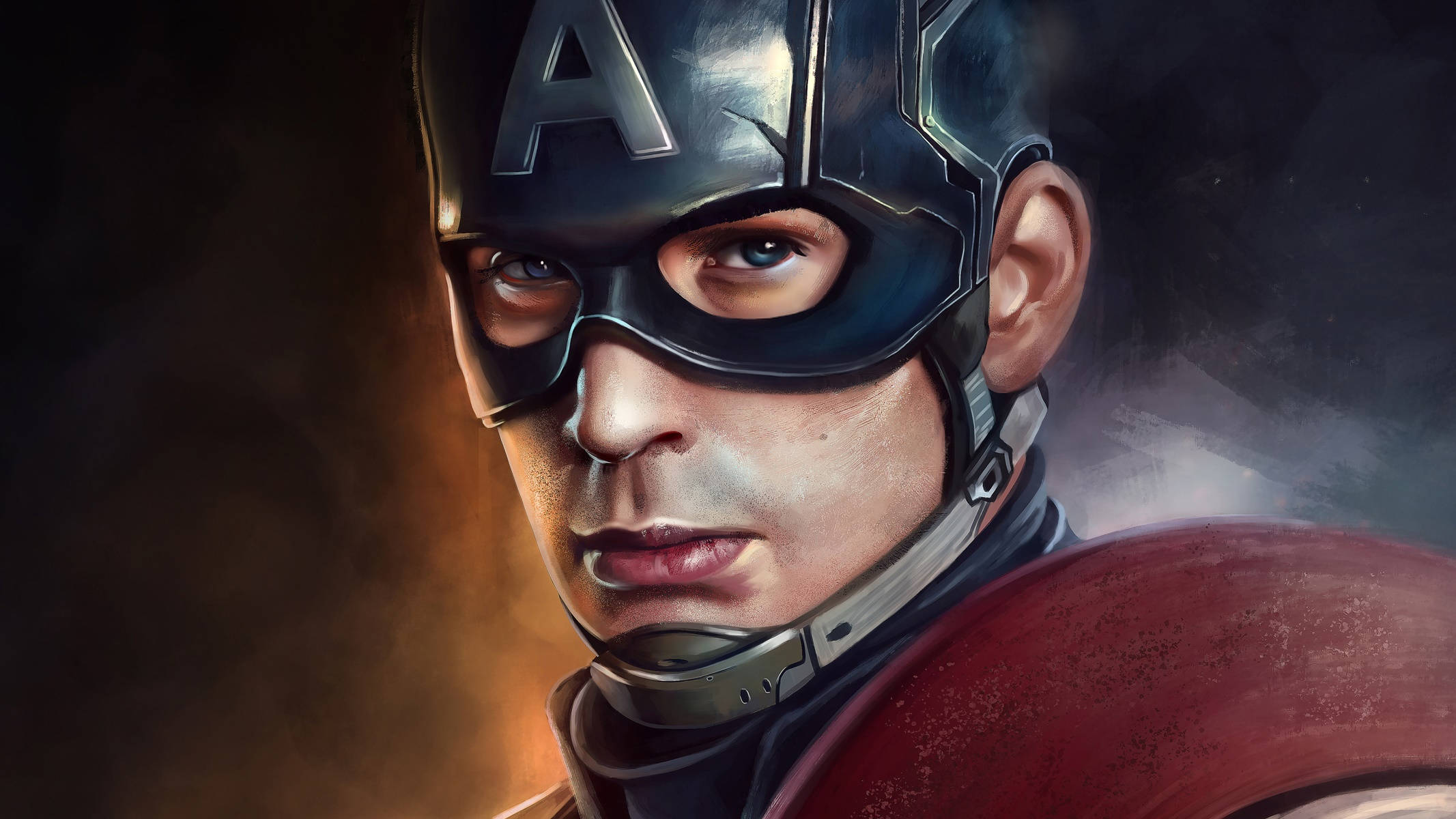 Marvel Captain America 桌布 壁紙 — 美國隊長的近距離肖像，帶有堅定的眼神和標誌性頭盔，背景是煙霧彌漫。