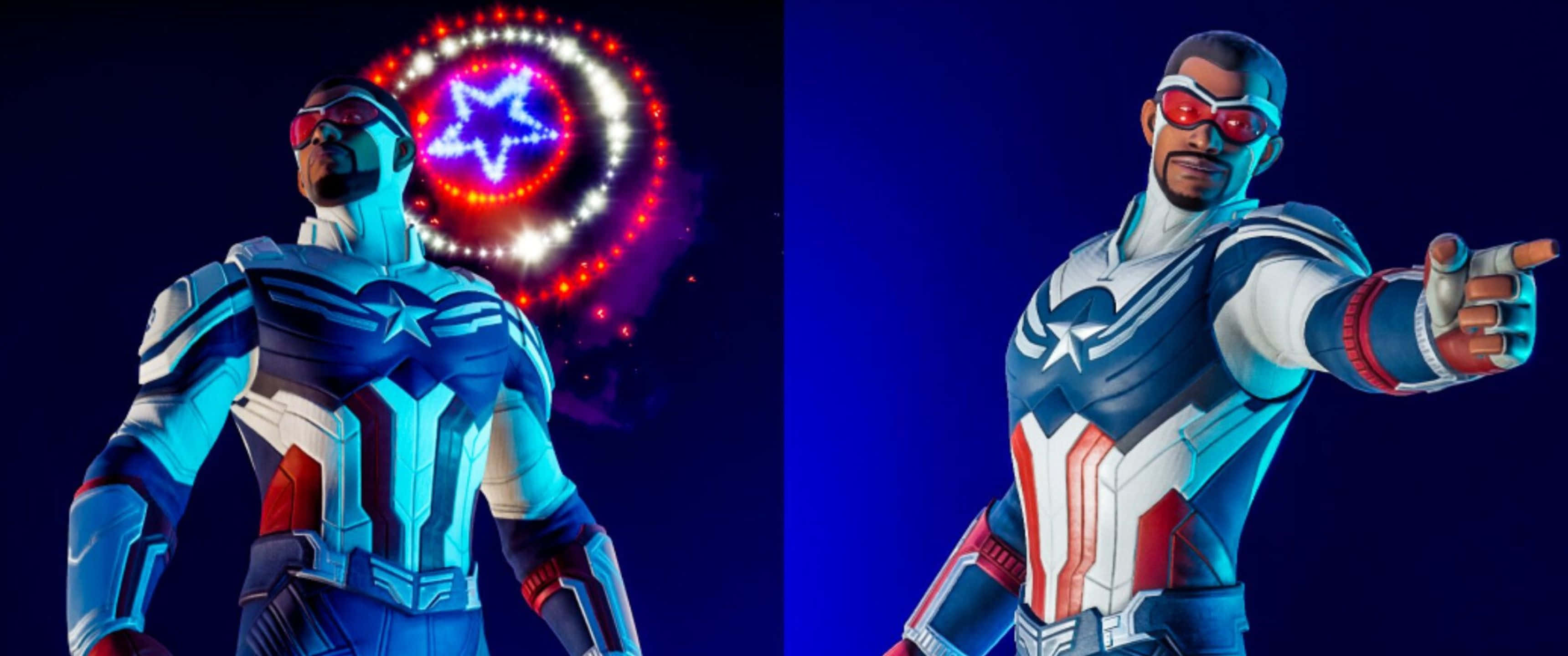 3440x1440p Captain America 桌布 壁紙 — 美國隊長穿著發光的藍色和紅色戰衣，站在深色背景前，身後有一個星爆標誌。