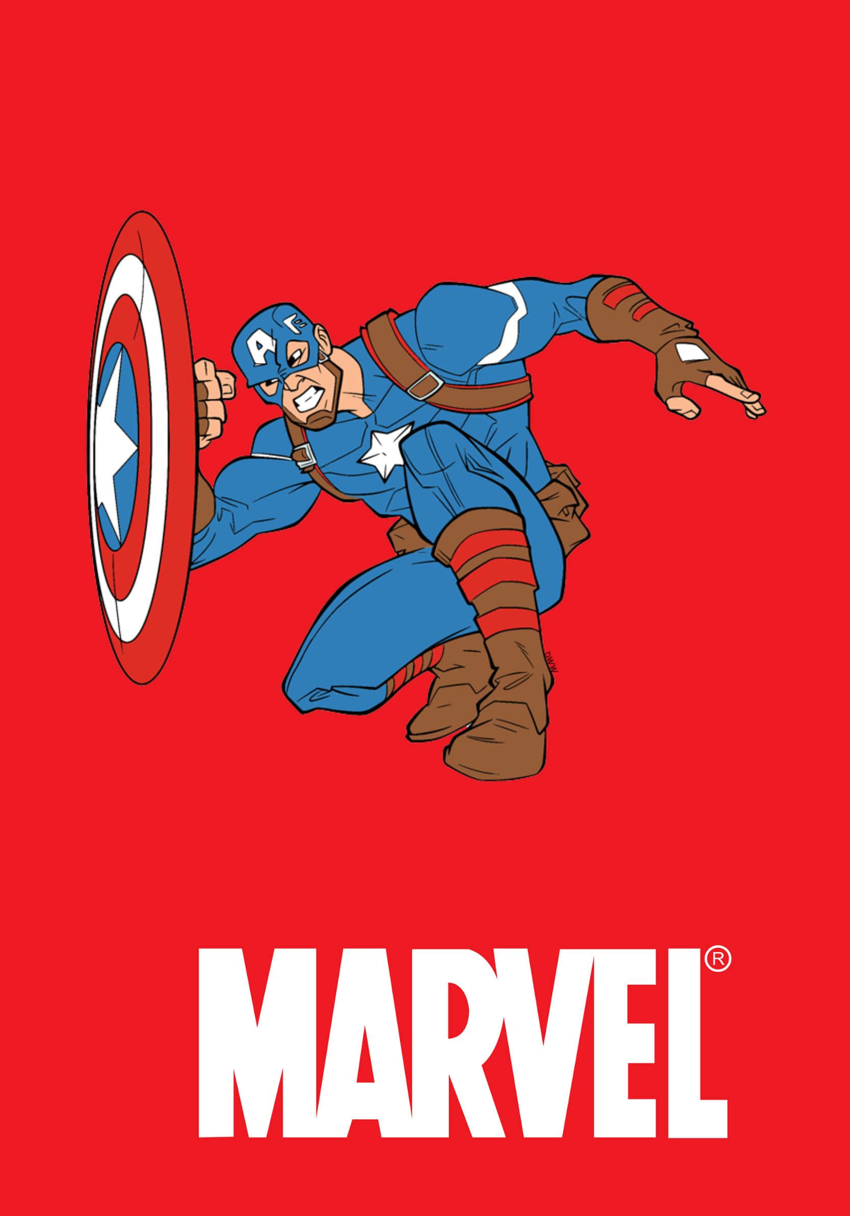 Best Marvel 桌布 壁紙 — 美國隊長穿著經典藍色和紅色戰衣，手持標誌性盾牌，在純紅色背景上向前衝刺。