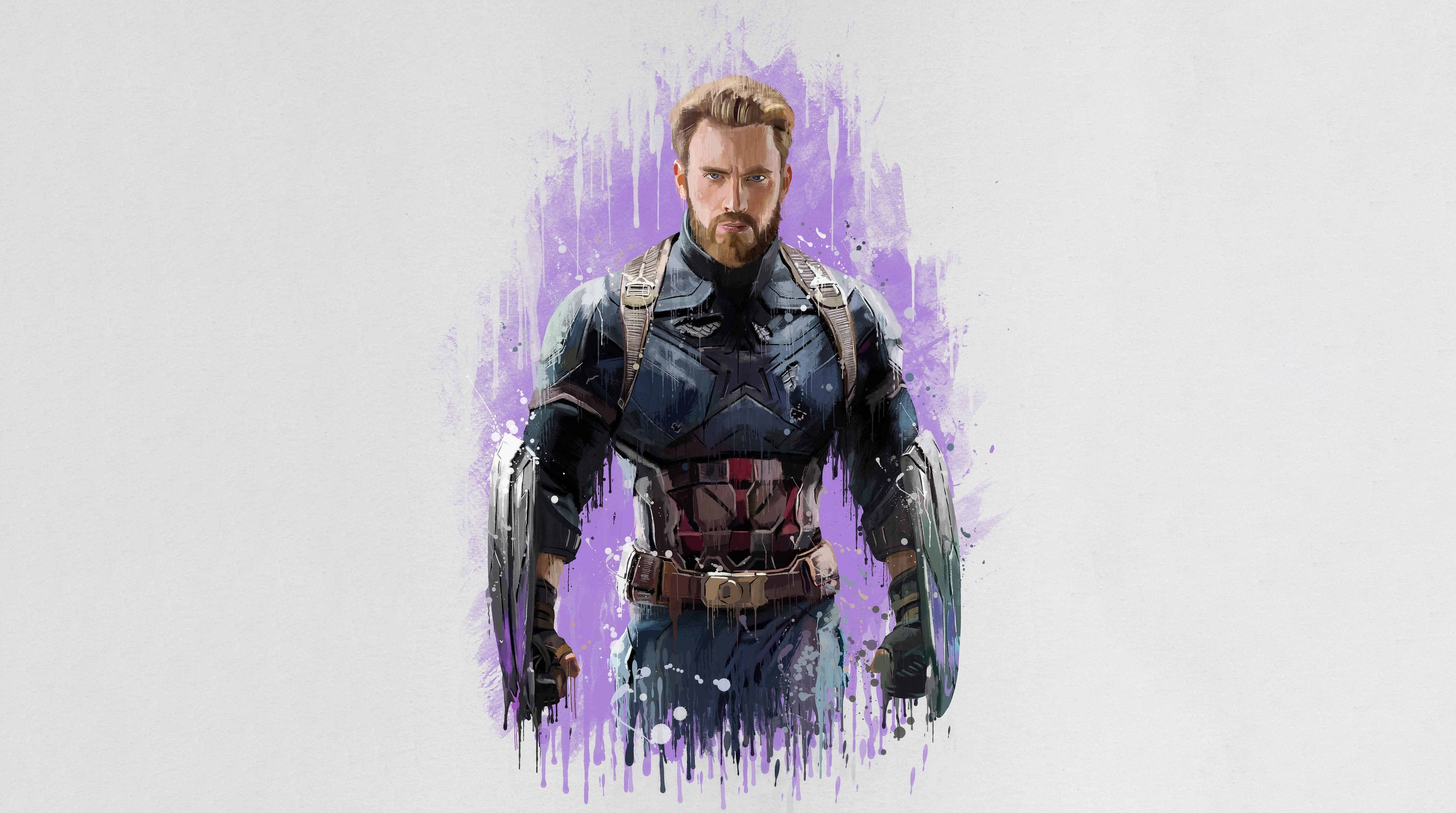 Marvel Captain America 桌布 壁紙 — 美國隊長站在一個動態的紫色和灰色水彩潑濺中，背景為素色。
