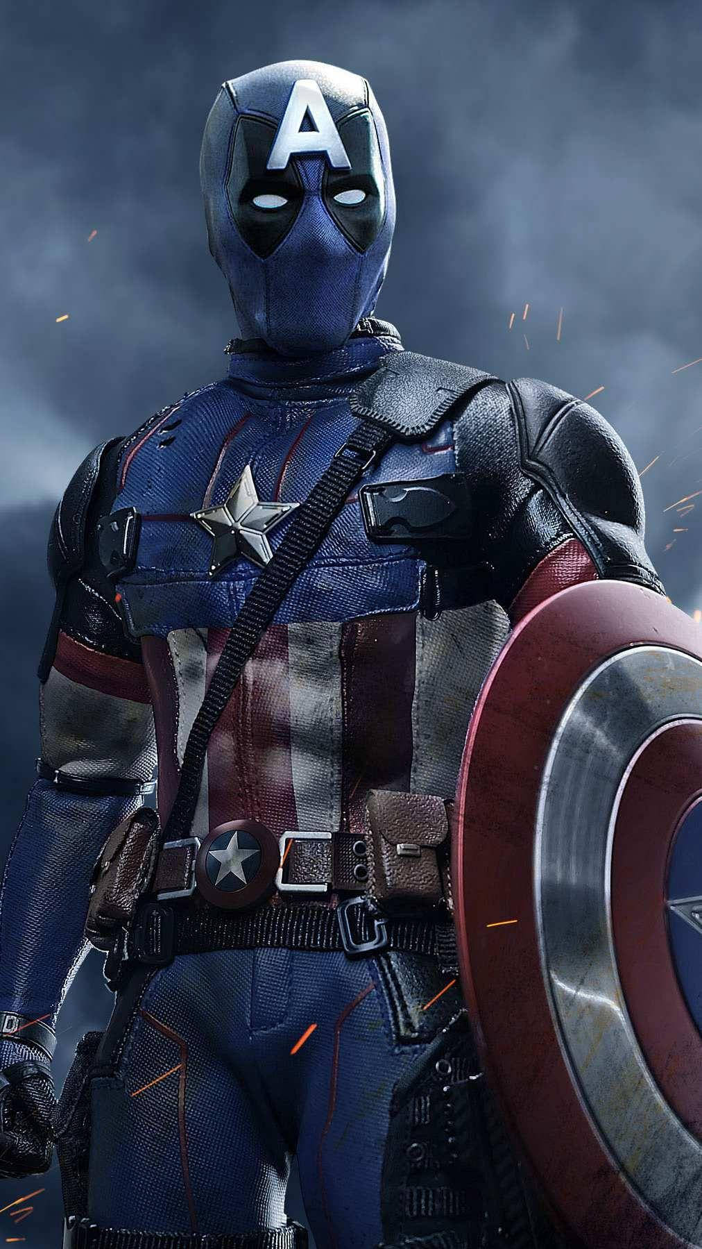 Captain America iPhone 桌布 壁紙 — 美國隊長站在一個惡劣的暴風雨環境中，手持他標誌性的盾牌，周圍有火花飛舞。