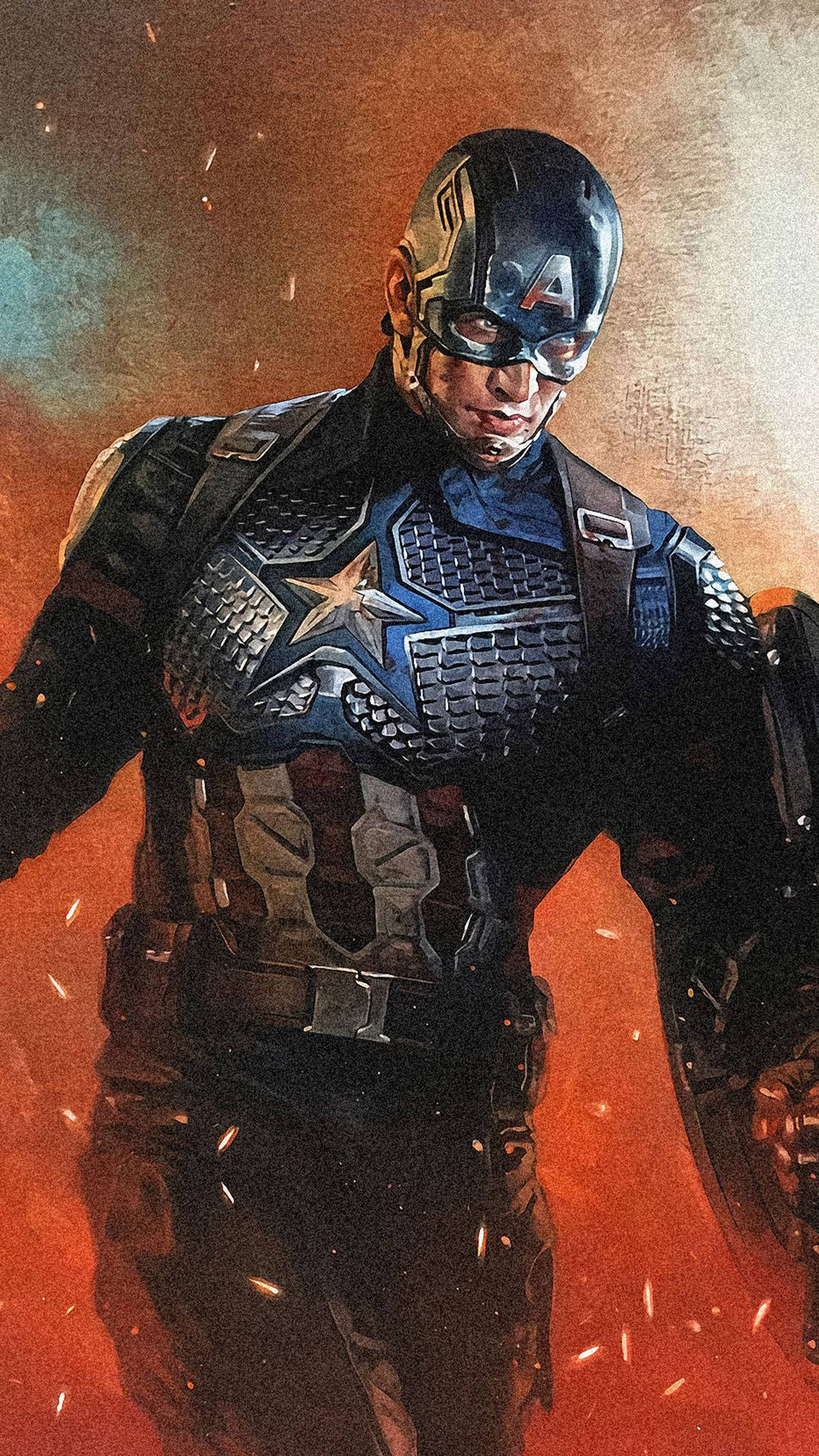 Captain America iPhone 桌布 壁紙 — 美國隊長站在一場熾熱的戰鬥場景中，火花在他標誌性的星形裝甲周圍飛舞。