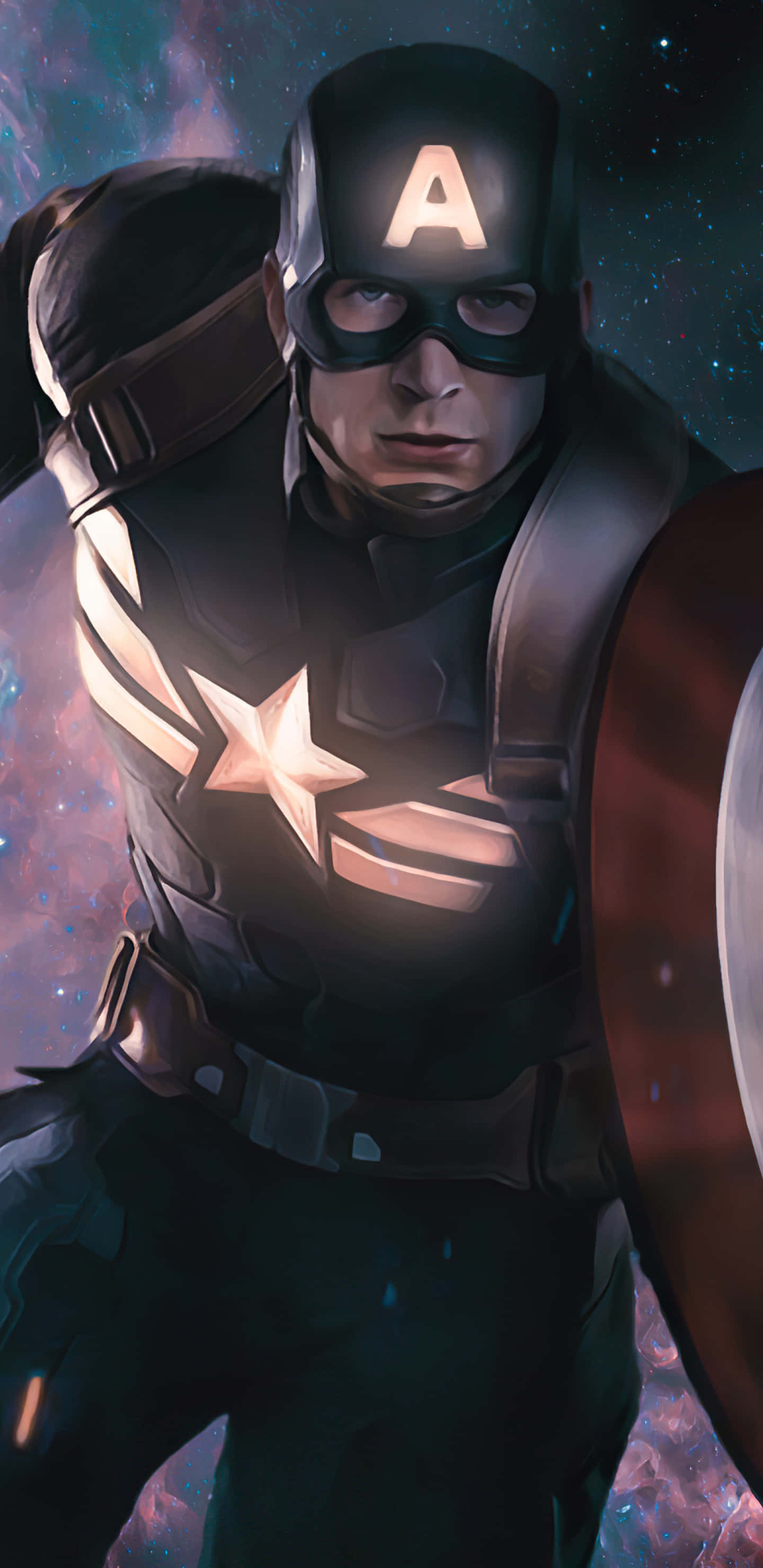 Pixel 3xl Captain America 桌布 壁紙 — 美國隊長站在宇宙星雲中，在星光下手持盾牌，表情堅定。