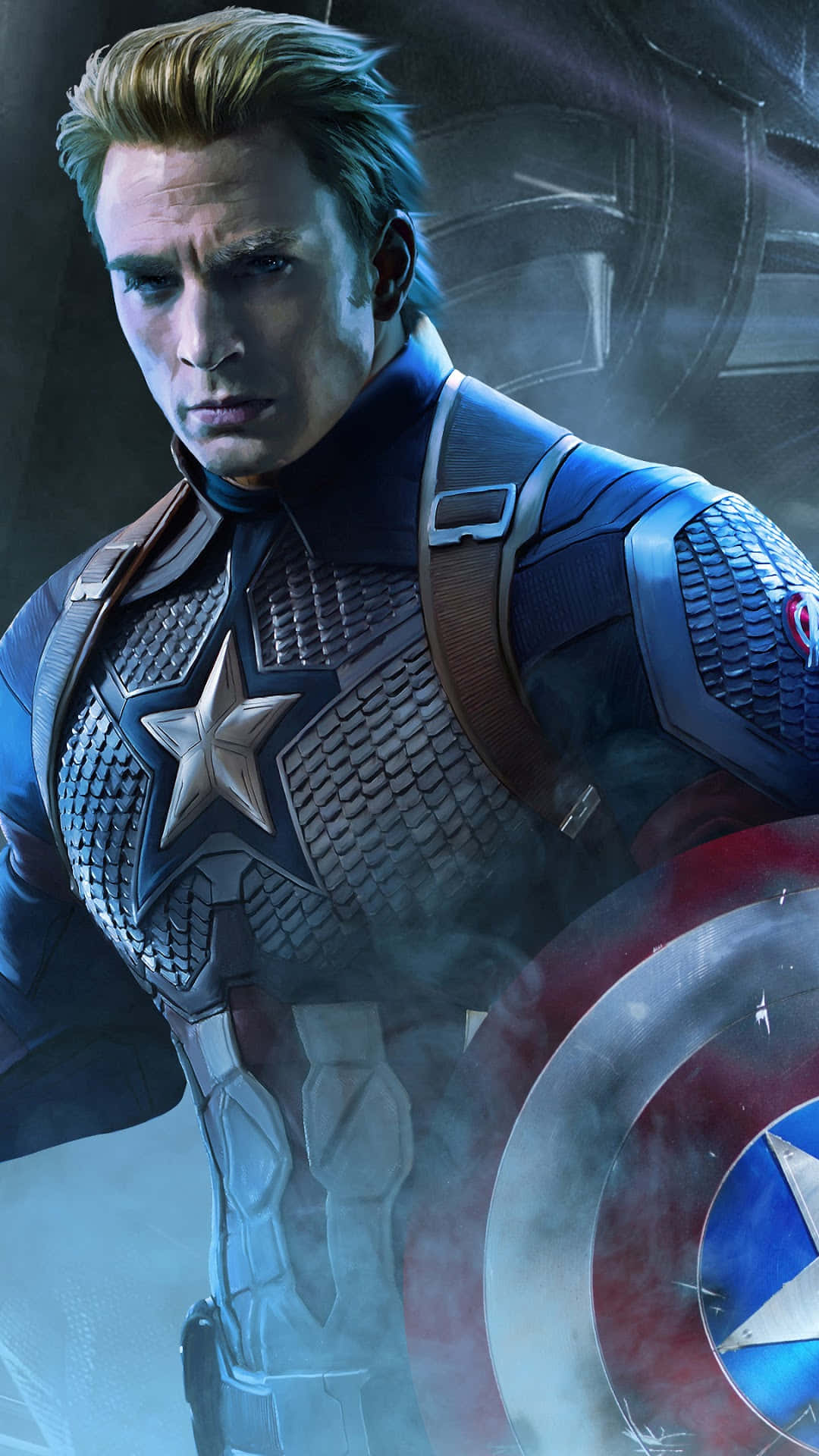 HD Captain America 桌布 壁紙 — 美國隊長站在煙霧瀰漫的工業環境中，手持標誌性盾牌，表情堅定。