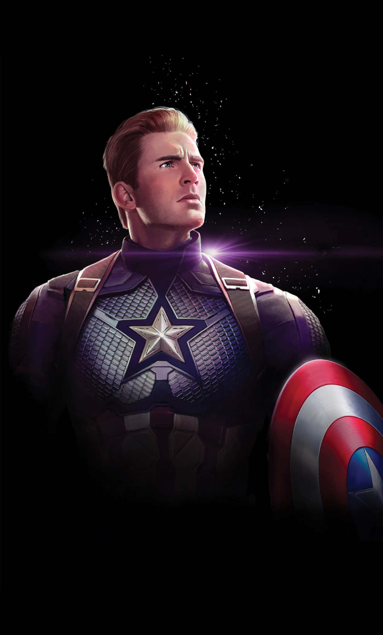 Captain America Cool 桌布 壁紙 — 美國隊長站在黑暗空間中，手持盾牌，胸前有一顆發光的星星，身後有光暈。