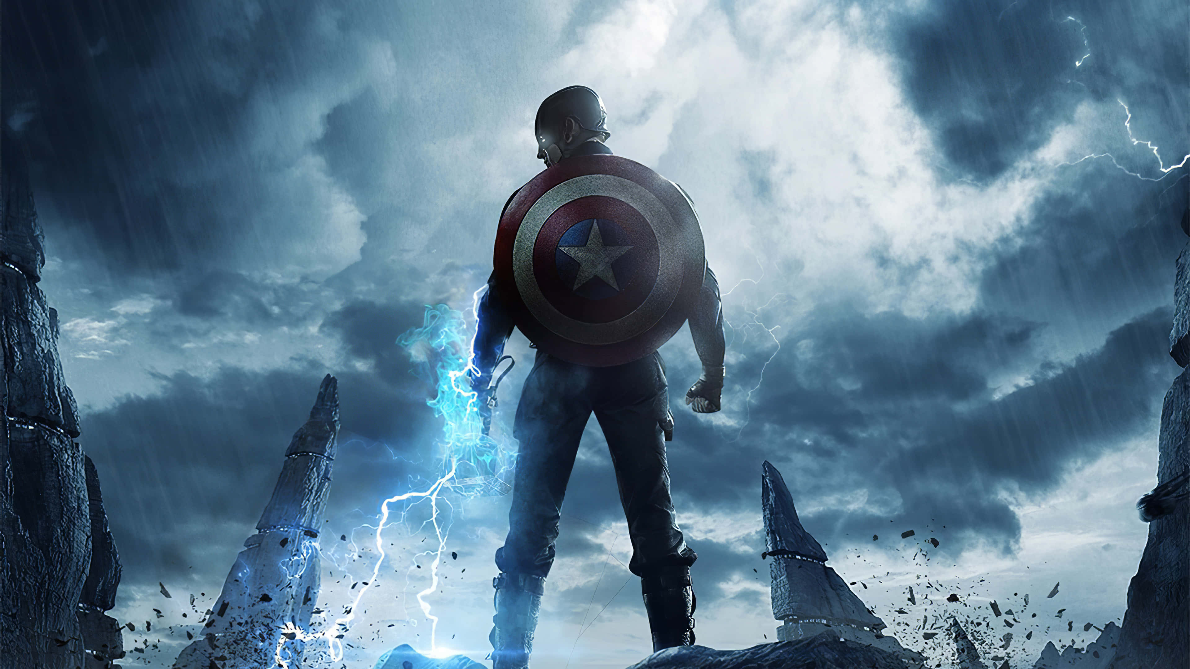 Captain America Desktop 桌布 壁紙 — 美國隊長背光站在暴風閃電中，在黑暗的天空下，手持盾牌，身處破碎的石柱之間。