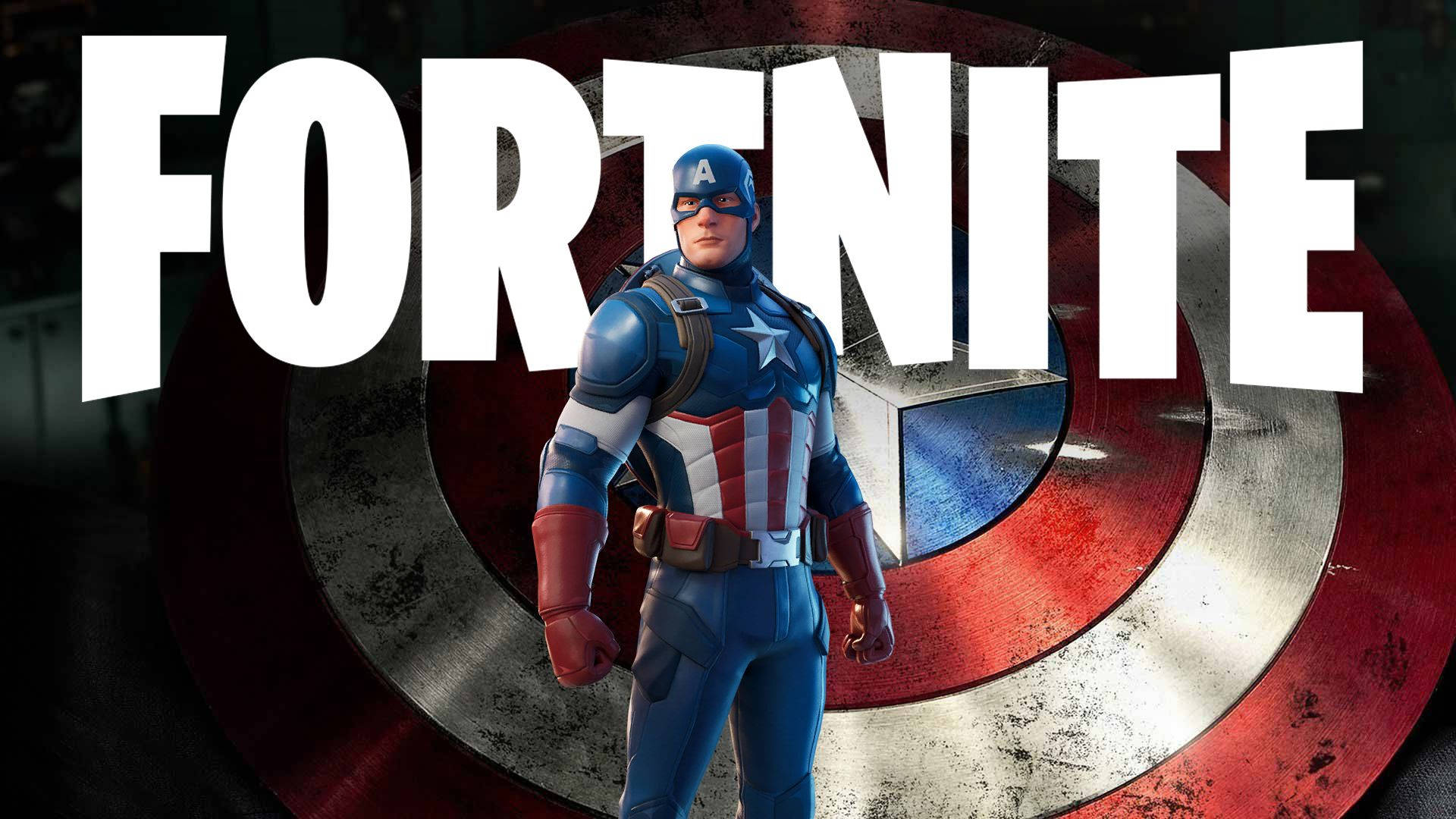 Fortnite 桌布 壁紙 — 美國隊長自信地站在他標誌性的盾牌前，Fortnite 標誌主導了畫面。