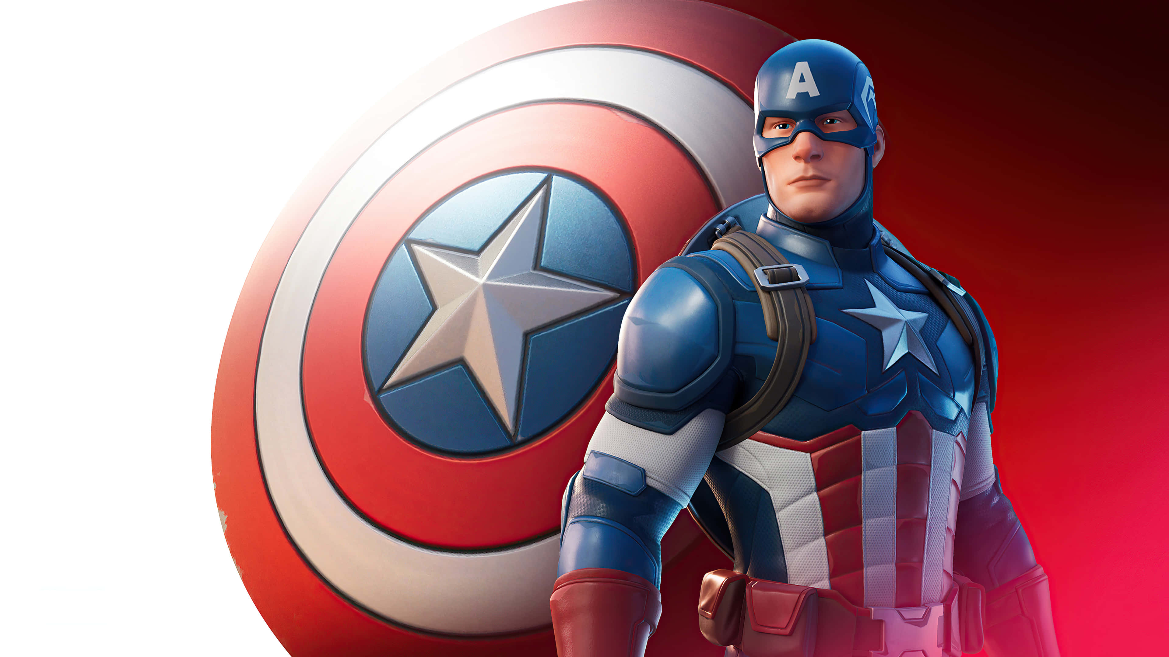 4K Captain America 桌布 壁紙 — 美國隊長自信地站立，他標誌性的星條盾牌在充滿活力的紅色漸變背景上閃耀。