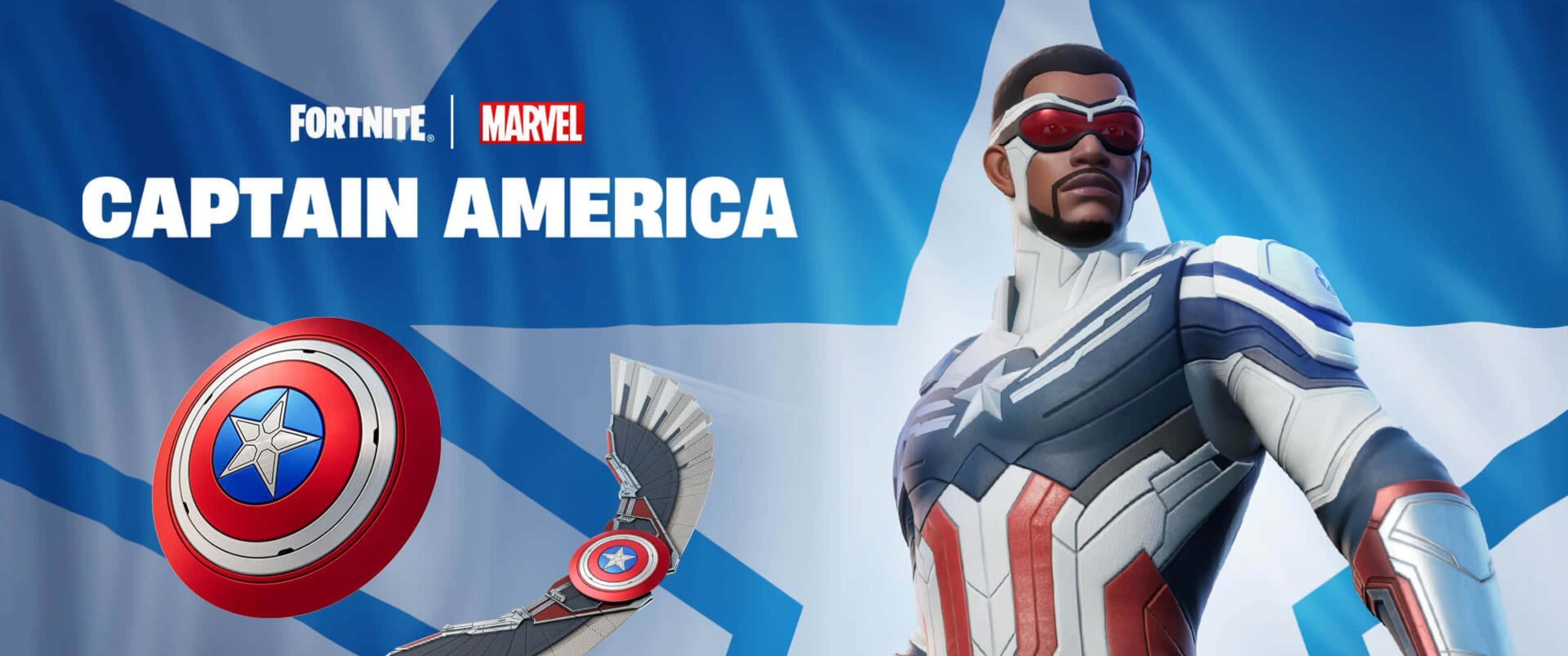 3440x1440p Captain America 桌布 壁紙 — 美國隊長自信地站立，身穿紅白藍戰衣，背景是飄揚的旗幟，盾牌和手套清晰可見。