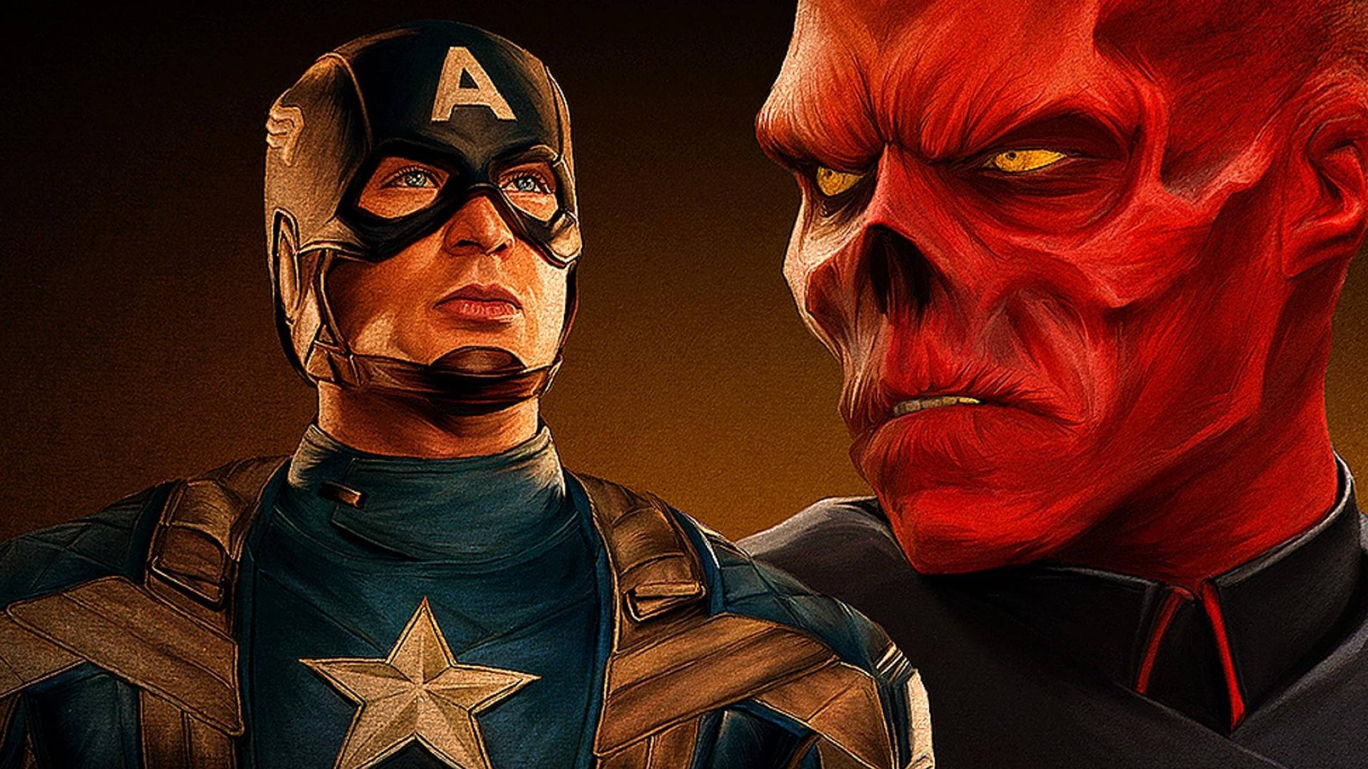 Red Skull 桌布 壁紙 — 美國隊長與威脅性的紅骷髏在戲劇性的電影對決中對峙。