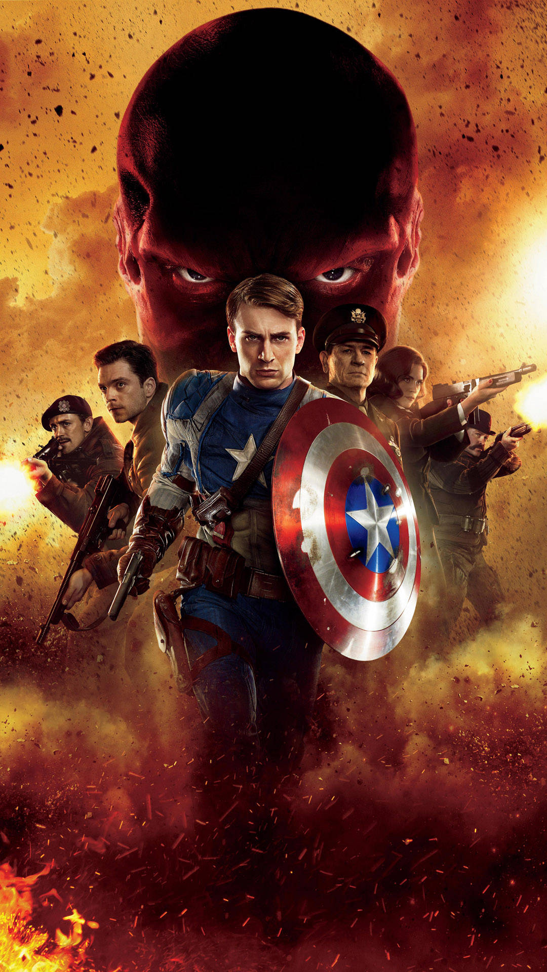 Captain America iPhone 桌布 壁紙 — 美國隊長與盟友在熾熱爆炸和煙霧中，挑釁地對抗一個迫近的紅皮膚反派。