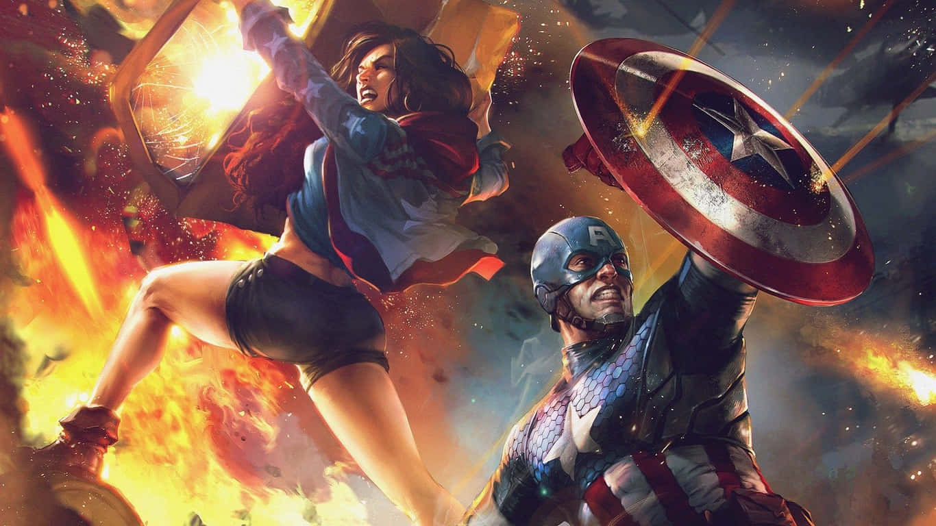 1366x768 Marvel's Avengers 桌布 壁紙 — 美國隊長與神力女超人在爆炸性能量和戲劇性燈光中展開激烈戰鬥。