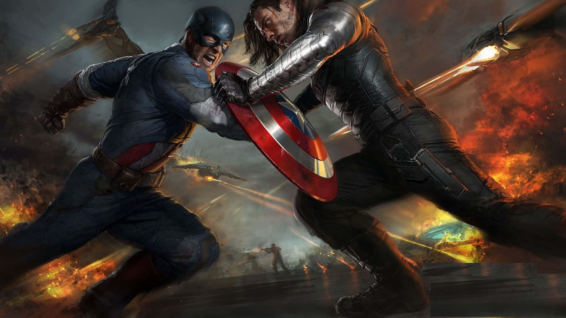 Best Captain America 桌布 壁紙 — 美國隊長與酷寒戰士在爆炸和飛機飛翔的火焰戰場上衝突。