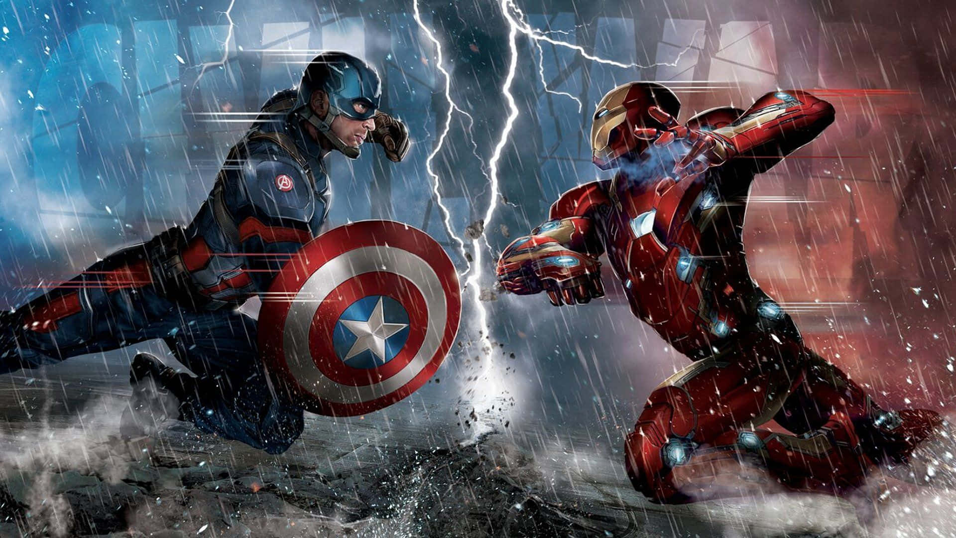Marvel Movie 桌布 壁紙 — 美國隊長與鋼鐵人在暴雨中交鋒，閃電在他們身後劈開天空。