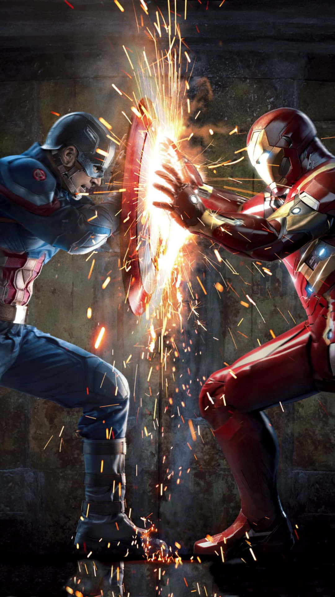 ironman 桌布 壁紙 — 美國隊長與鋼鐵人在激烈的戰鬥中碰撞，火花在他們的武器之間飛濺。