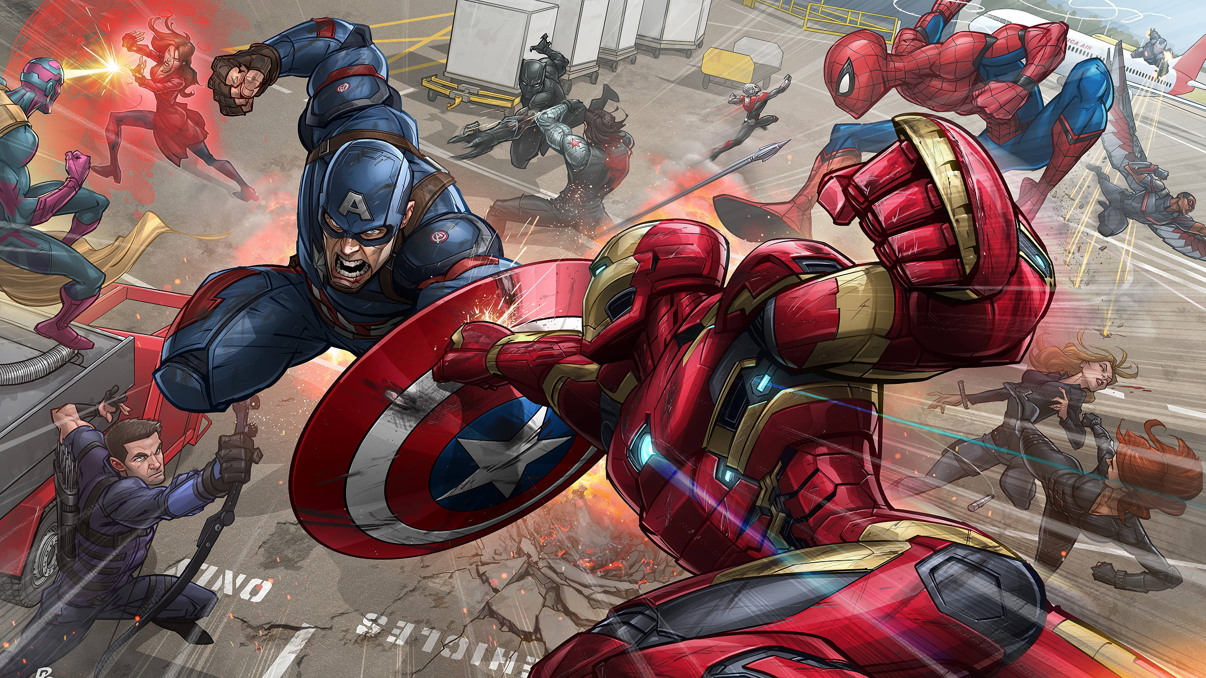 Marvel Comic Book 桌布 壁紙 — 美國隊長與鋼鐵人在火熱的城市戰鬥中衝突，蜘蛛人和其他英雄圍繞著他們。