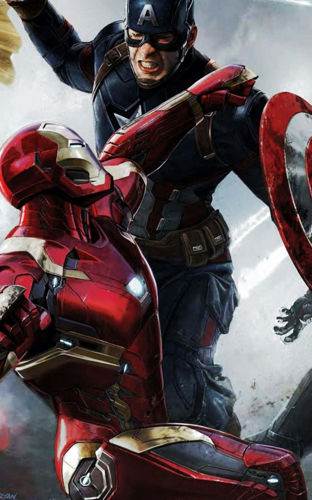 Iron Man Vs Captain America 桌布 壁紙 — 美國隊長與鋼鐵人在煙霧瀰漫的戰場上，以盾牌和衝擊波進行了一場動感十足的超級英雄對決。