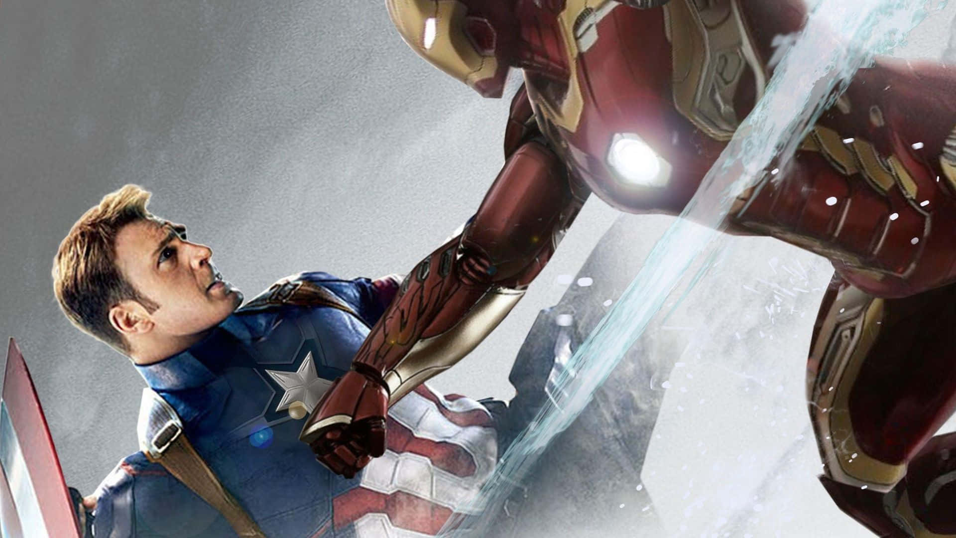 Iron Man Vs Captain America 桌布 壁紙 — 美國隊長與鋼鐵人在爆炸性能量效果中進行動態空中對決。