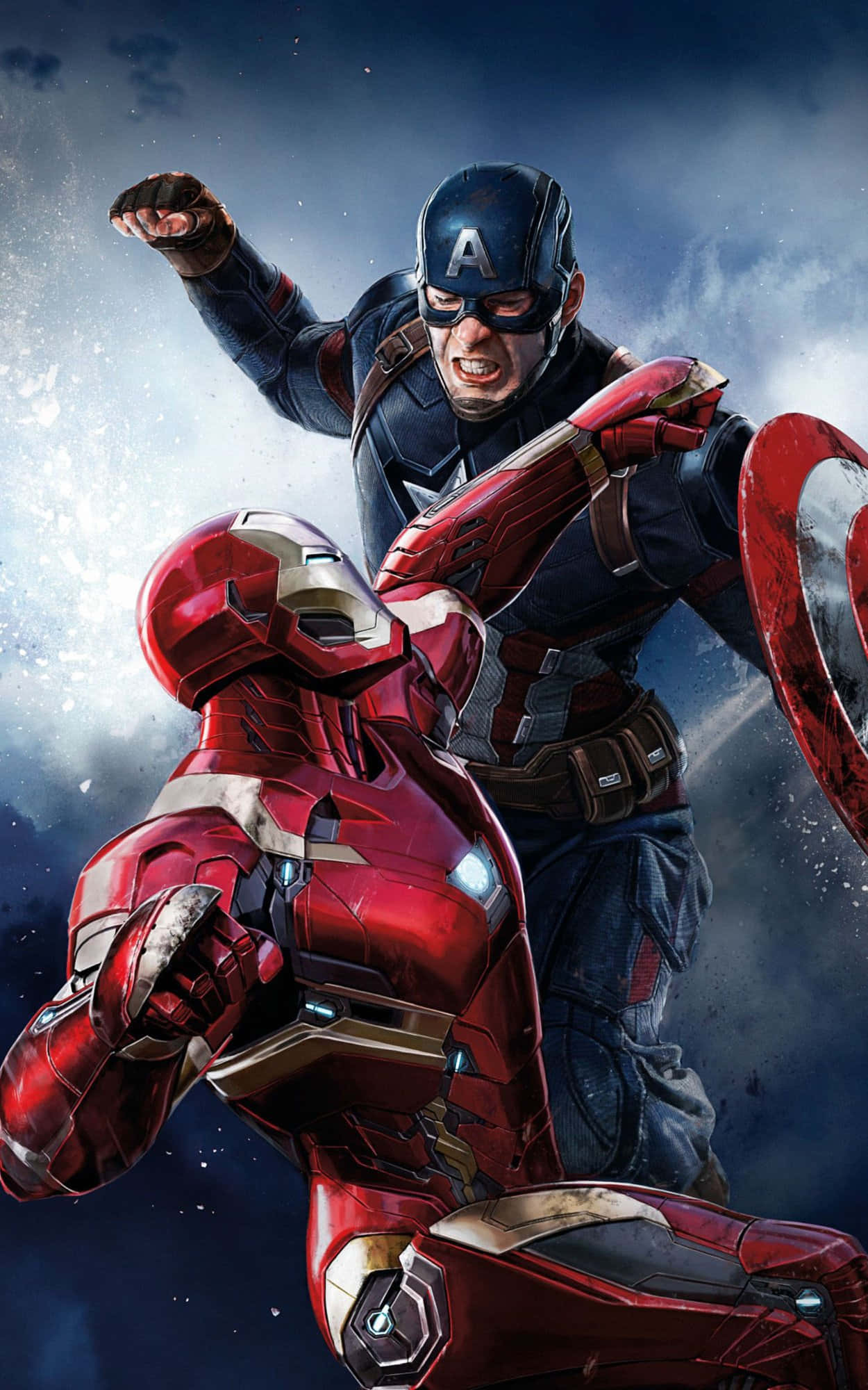 Android Captain America 桌布 壁紙 — 美國隊長與鋼鐵人在風暴宇宙背景下展開一場動感十足的超級英雄對決。