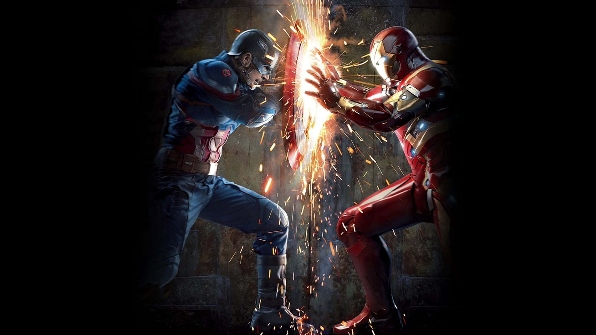 Best Captain America 桌布 壁紙 — 美國隊長與鋼鐵人在黑暗石牆前火花四濺的激烈戰鬥中交鋒。
