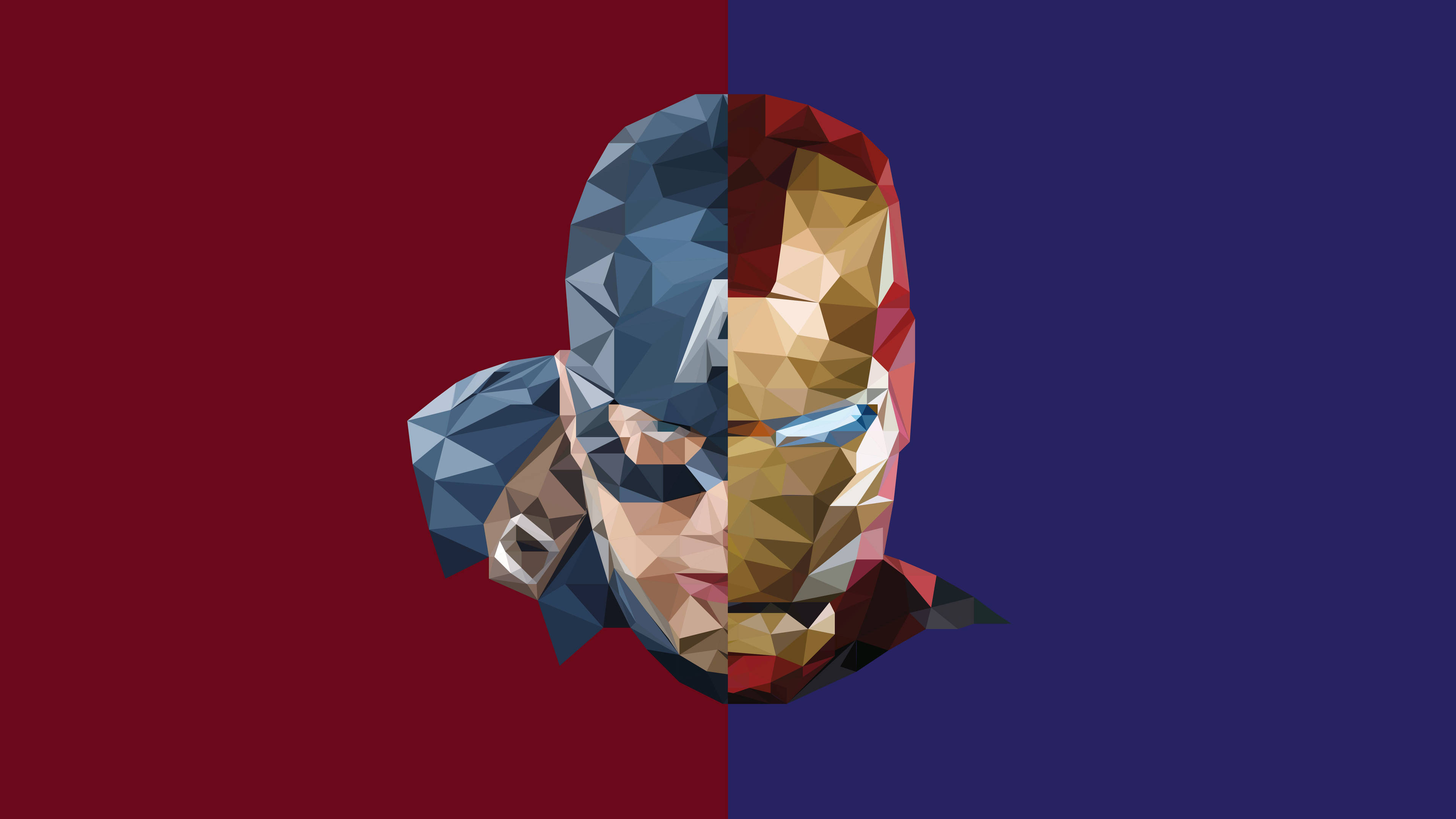 Iron Man Logo 桌布 壁紙 — 美國隊長與鋼鐵人的低多邊形風格分面肖像，背景為對比的紅色和藍色。