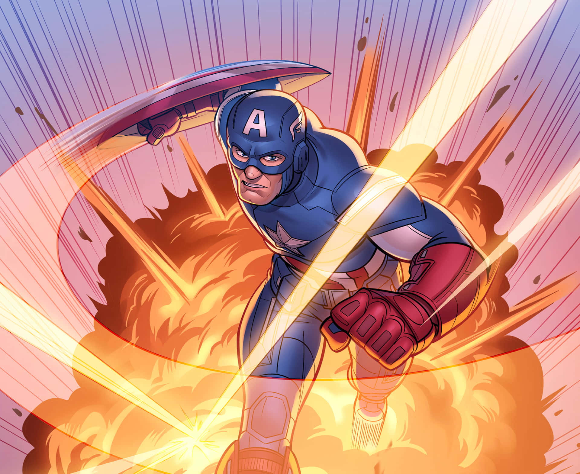 Retro Captain America 桌布 壁紙 — 美國隊長舉起盾牌，衝過熾熱的爆炸，呈現動態漫畫風格。