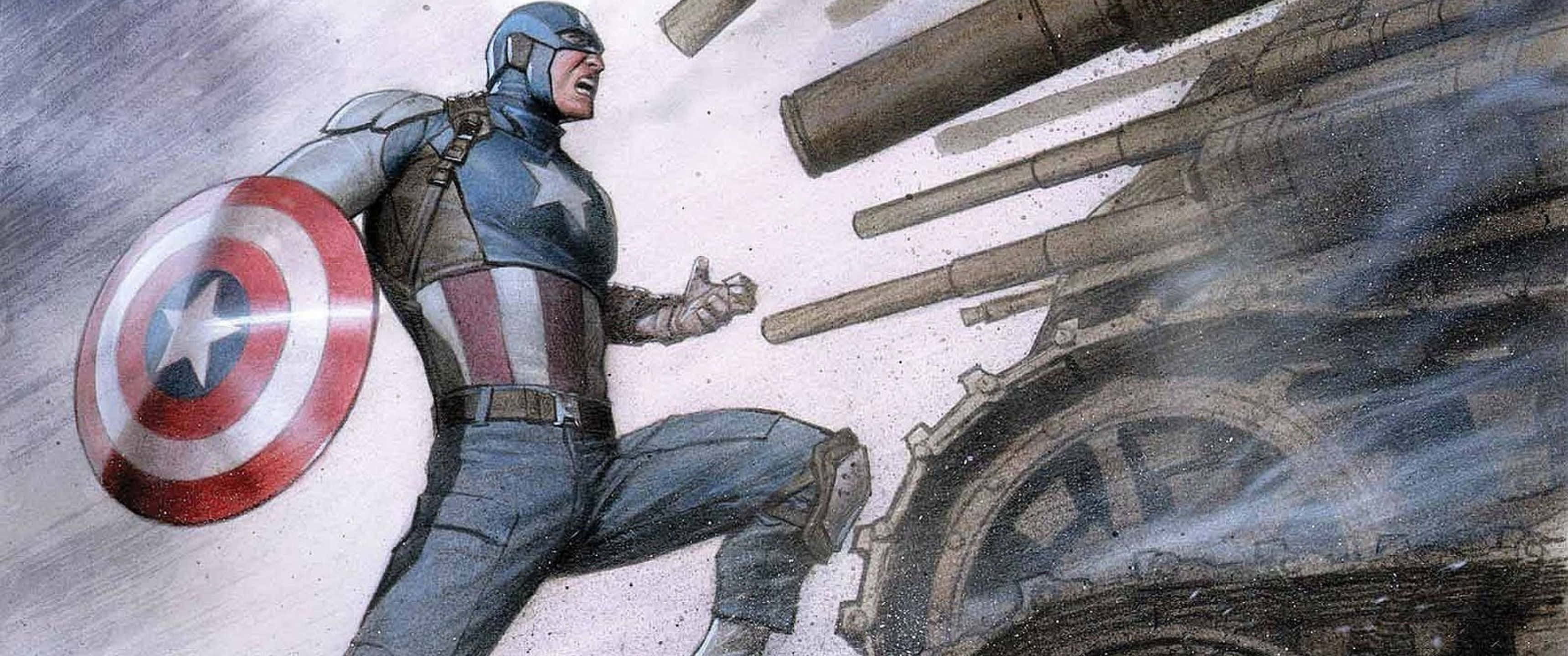 3440x1440p Captain America 桌布 壁紙 — 美國隊長舉起盾牌向前衝，身後坦克的炮管轟鳴，呈現粗獷的漫畫風格。