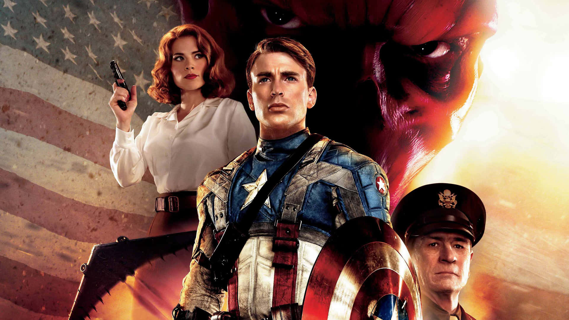Captain America Movie 桌布 壁紙 — 美國隊長英勇地持盾站立，佩姬·卡特瞄準手槍，而威脅性的紅骷髏在美國國旗後隱現。