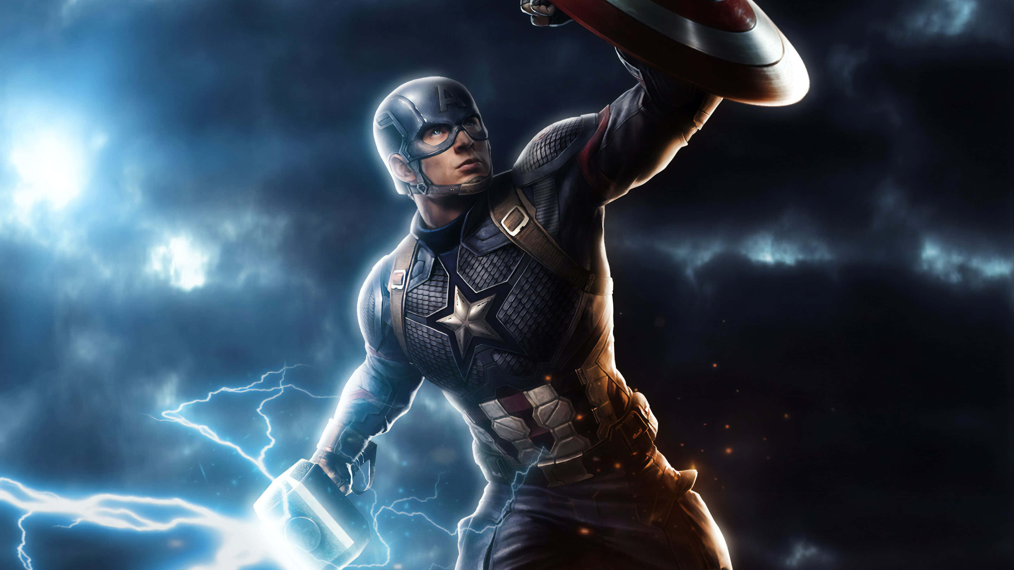 4K Captain America 桌布 壁紙 — 美國隊長英勇地站在暴風雨的天空下，揮舞著盾牌和發光的錘子，周圍是劈啪作響的閃電。