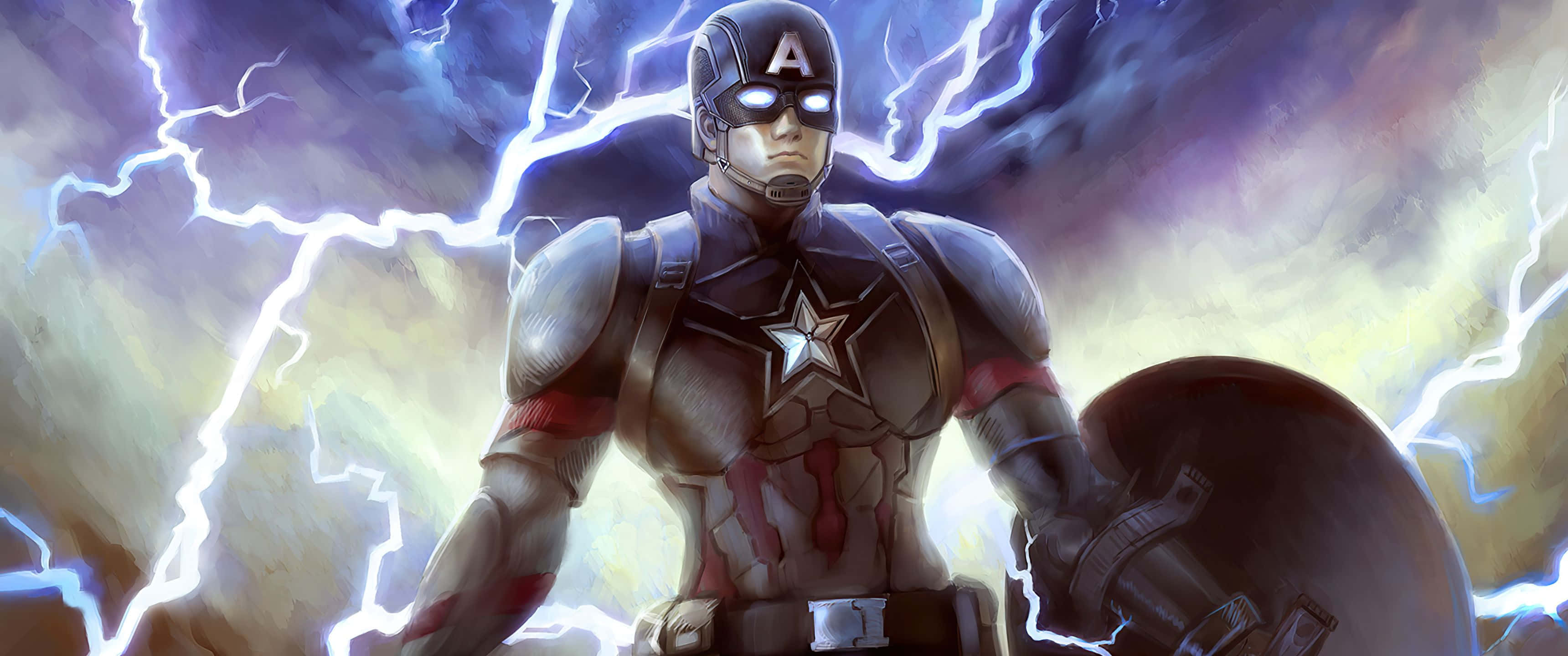 3440x1440p Captain America 桌布 壁紙 — 美國隊長英勇地站在雷電交加的暴風雨天空下。