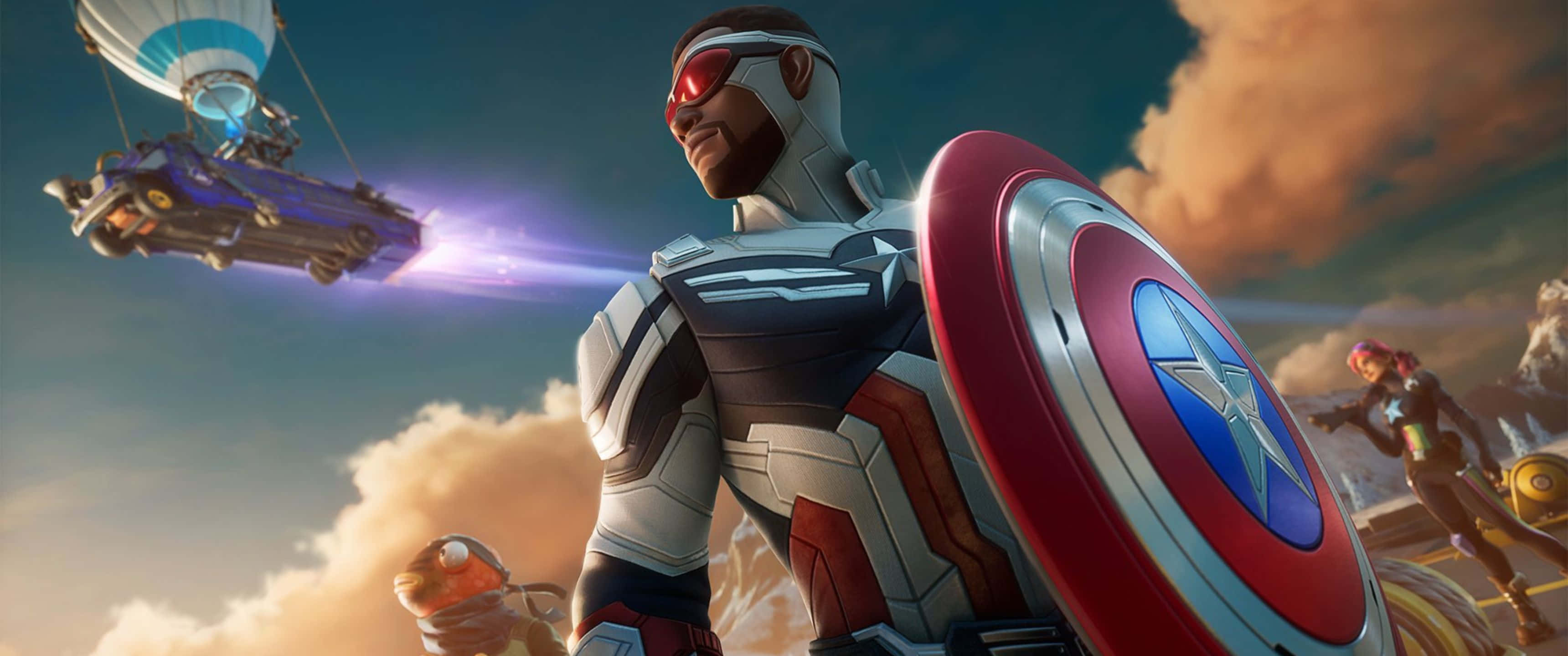 3440x1440p Captain America 桌布 壁紙 — 美國隊長英勇地站立，手持盾牌，一架未來風格的飛機在戲劇性的天空中飛過。