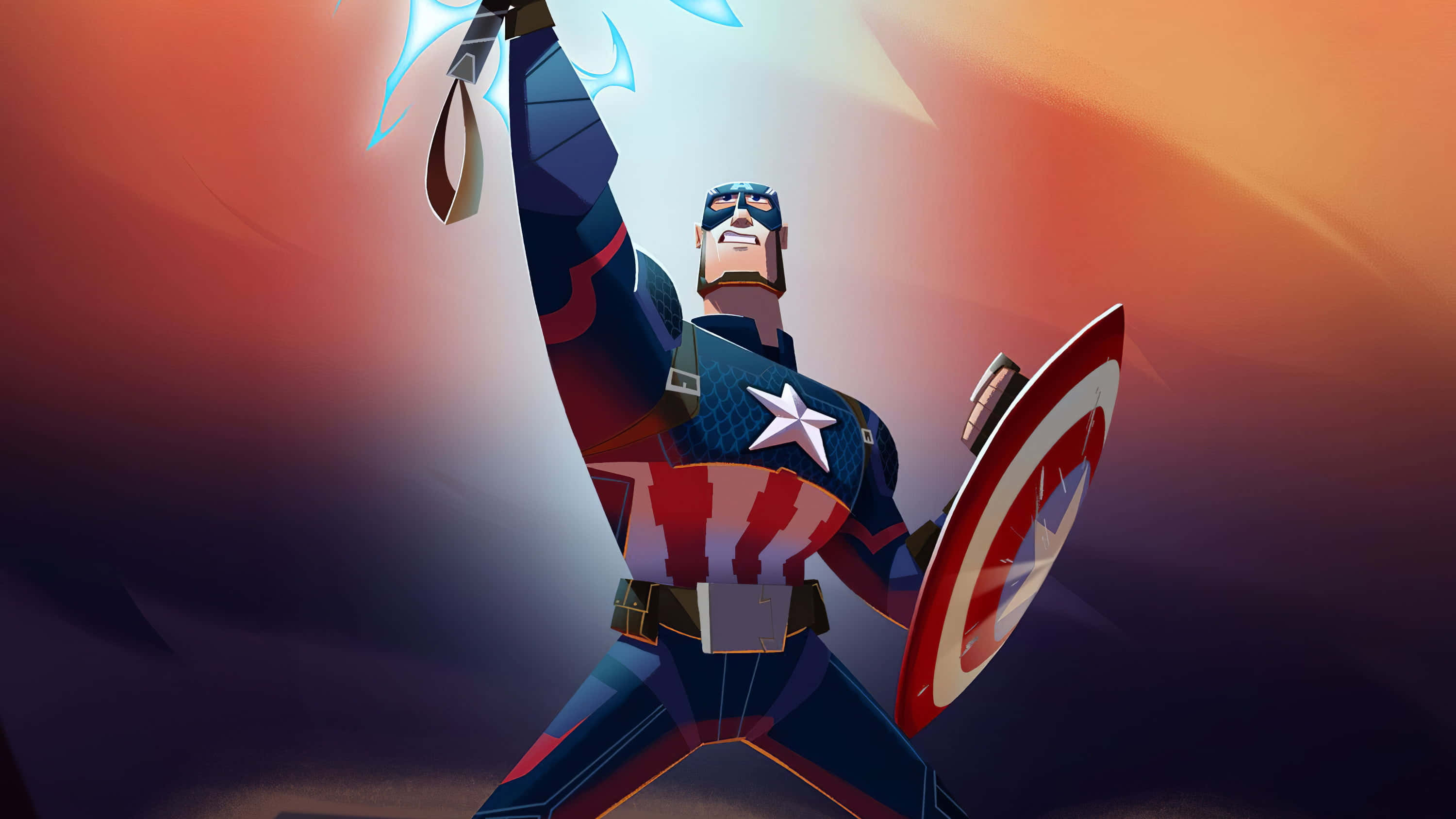 Retro Captain America 桌布 壁紙 — 美國隊長英勇地舉起盾牌，背景是火熱的橙色和藍色漸變天空。